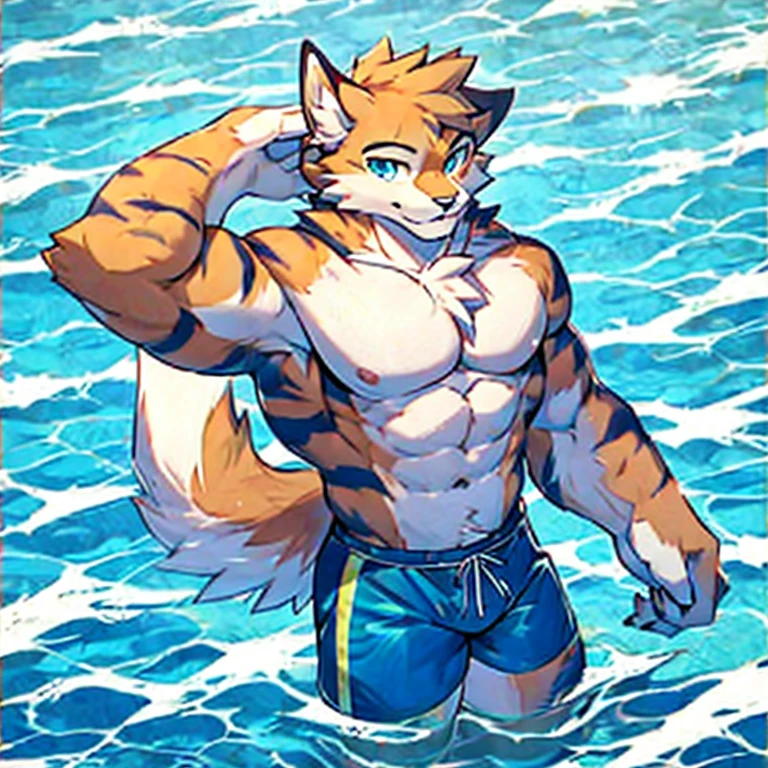 Sexy male cat furry. posing. Muscular body. Pastel color palette. Swimming shorts. Shirtless. Cute