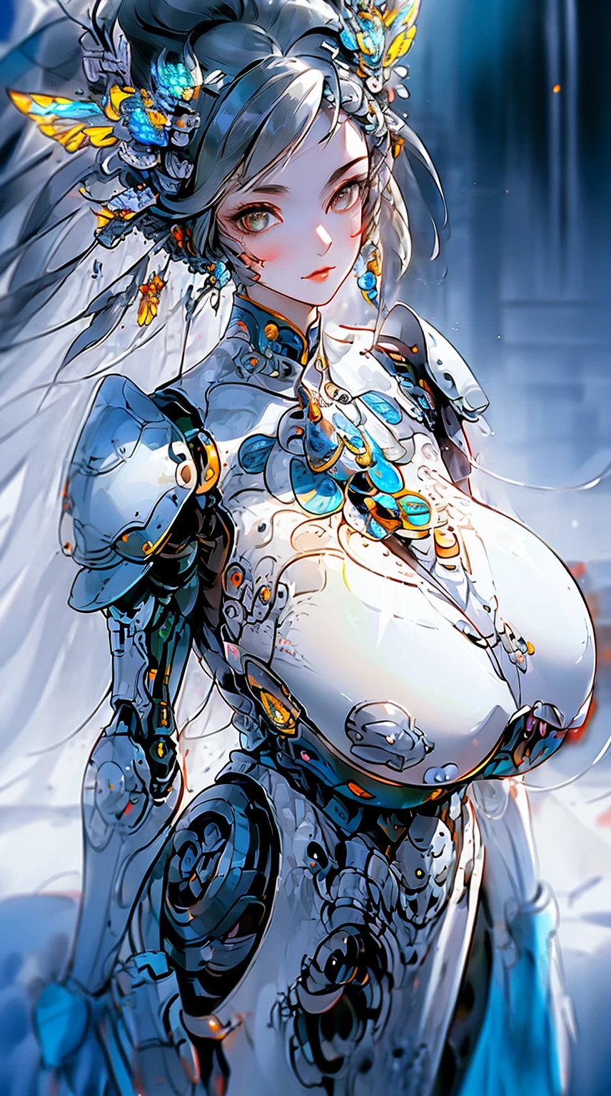 8k portrait of beautiful robot with silver hair, iintricate, Elegant,(huge breasts:1.7), The is very detailed, A majestic, digital photography, Artgerm、Artwork by Ruan Jia and Greg Rutkowski, Surreal painting, golden butterfly filigree, brokenglass, (tmasterpiece, Sideslit, exquisite and beautiful eyes: 1.2), Human Development Report