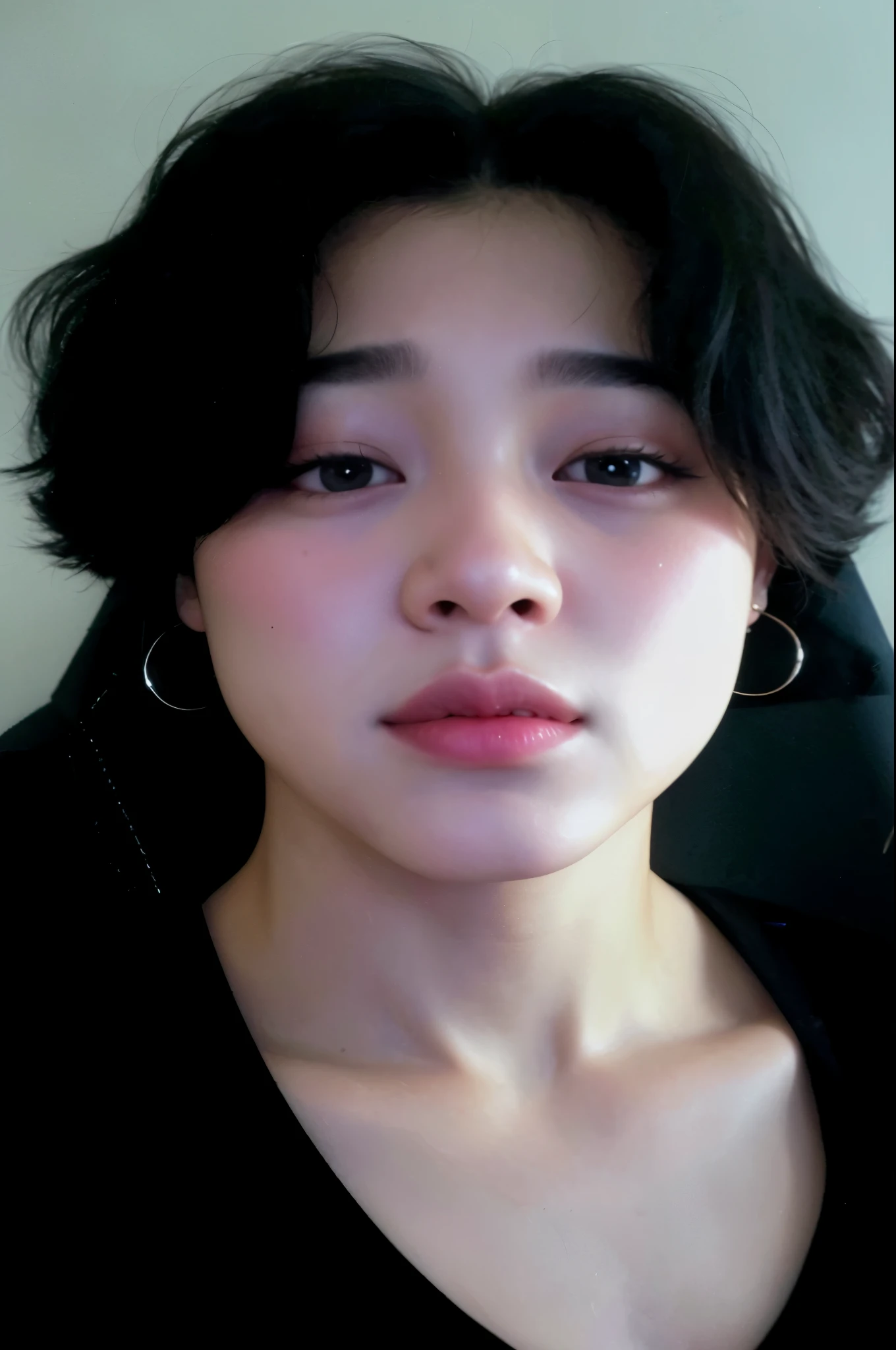 Jimin with black shirt and earrings around his neck, Jimin\Plump lips, Jimin\'s right eyelid swollen, accurate Jimin face, Jimin\Nariz grego, park Jimin, Jimin, Jimin de cabelos pretos, androgynous face, foto de perfil , pale round face, Jimin adorable korean face, jimin face