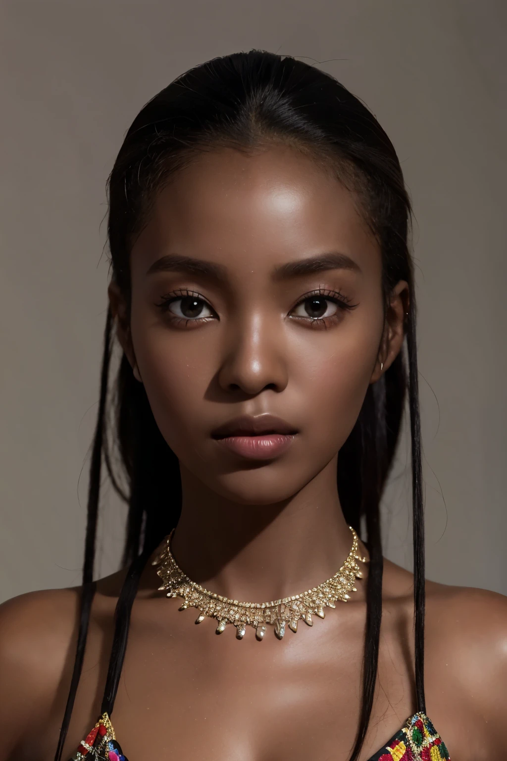 a close up of a woman with a necklace and a necklace, dark-skinned, young black woman, brown skin. light makeup, black young woman, stunning african princess, dark skinned, dark skin, dark skin tone, gorgeous woman, dark brown skin, brown skinned, dark black skin tone, african facial features, maria borges, black girl, black teenage girl