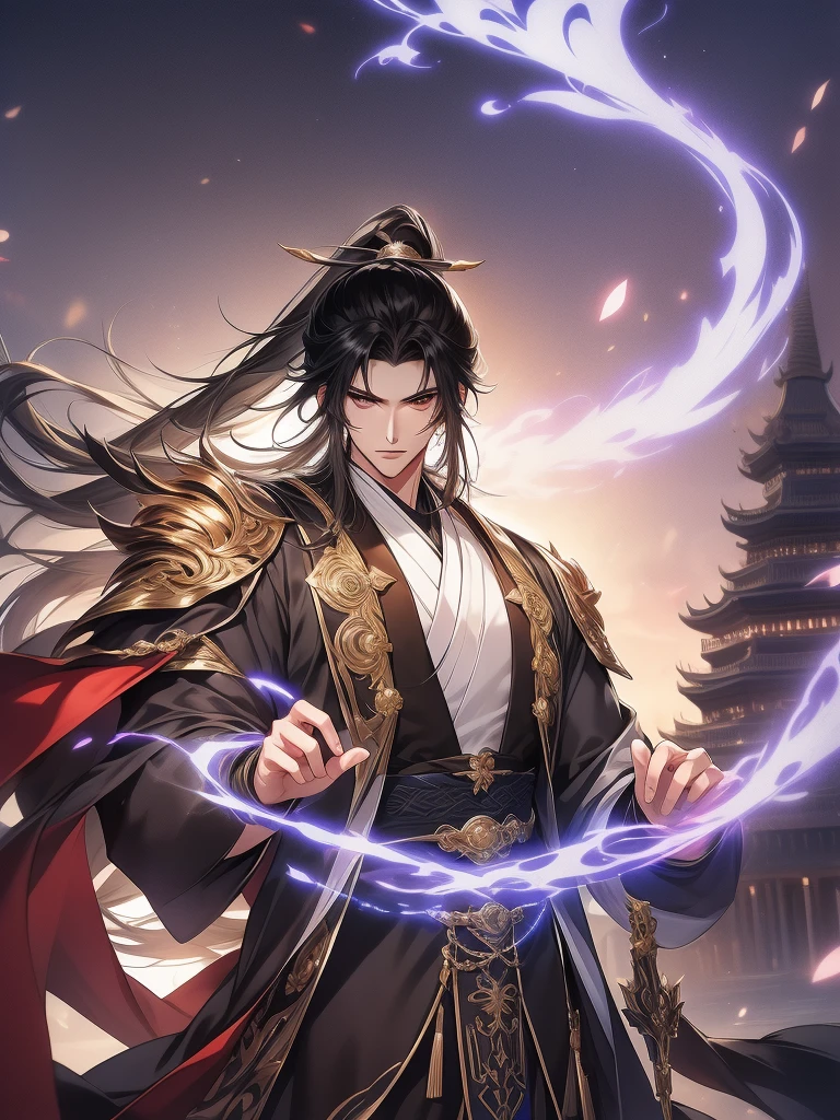 Anime boy with black hair and black clothes,male people,Song dynasty,Long gray hair,gold eyes,high ponytails,gilgamesh, grand order of destiny, style anime, 像destiny一样/spend the night with, destiny / spend the night with, Portrait of a magical blond prince, handsome anime pose, Fate still stays at night, joseph joestar, male people动漫人物, By Anime Painter Studio, 8K!