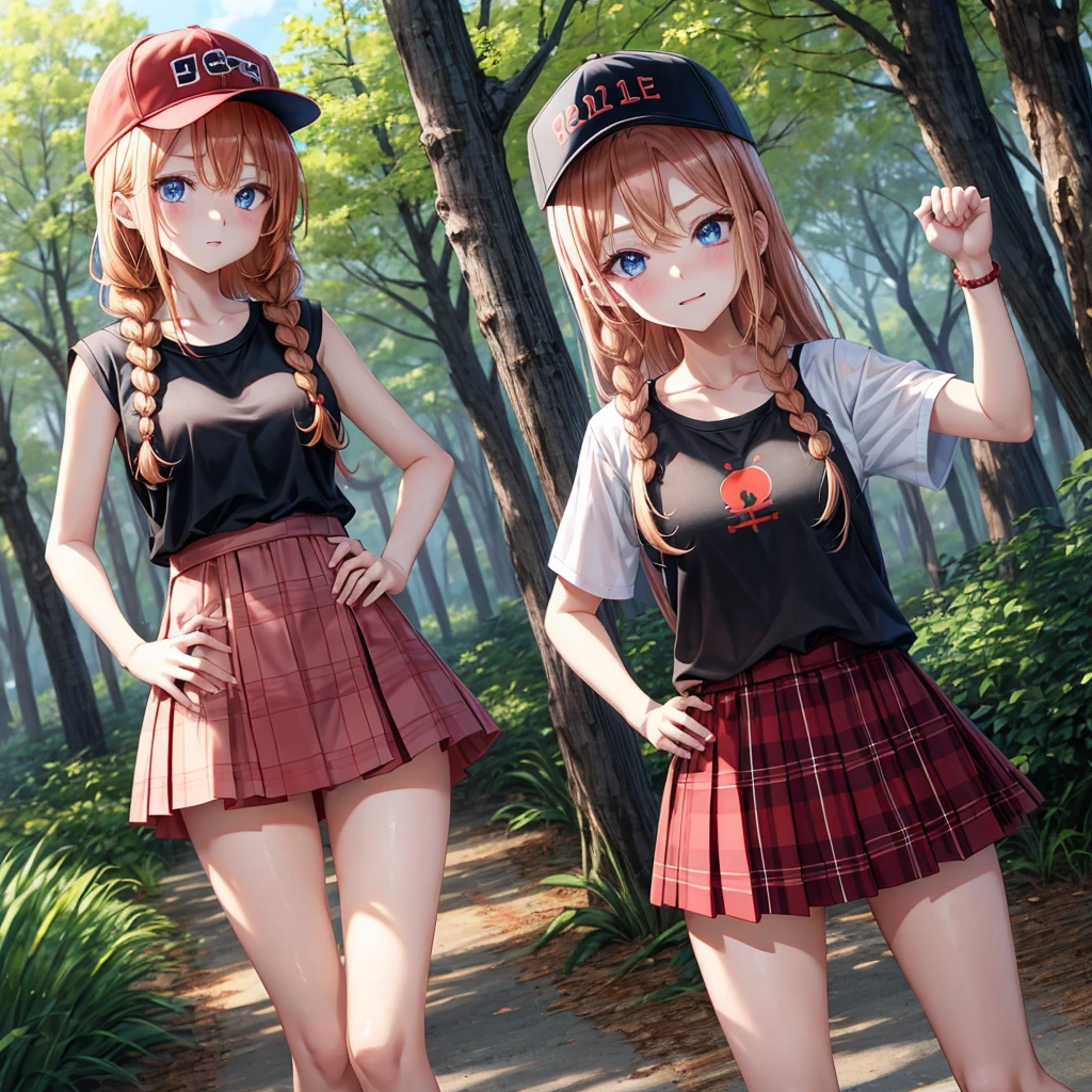 red blonde、blue eyess、Braids、one good looking girl、独奏、animesque、Plaid miniskirt、Black T-shirt、camisole、the woods、Sunlight、Wearing a plaid baseball cap、bare-legged、Tilting your face、Walking、Hands on hips、One hand is raised