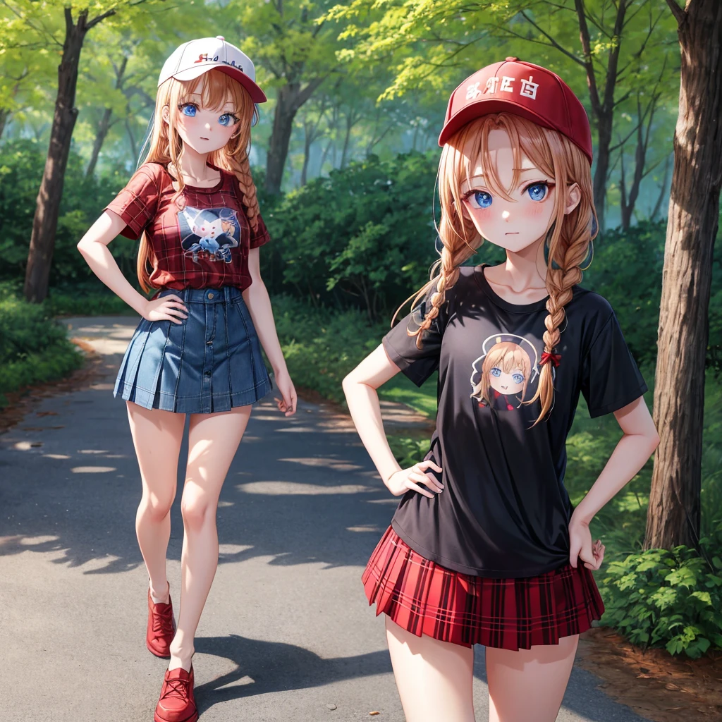 red blonde、blue eyess、Braids、one good looking girl、独奏、animesque、Plaid miniskirt、Black T-shirt、camisole、the woods、Sunlight、Wearing a plaid baseball cap、bare-legged、Tilting your face、Walking、Hands on hips、One hand is raised