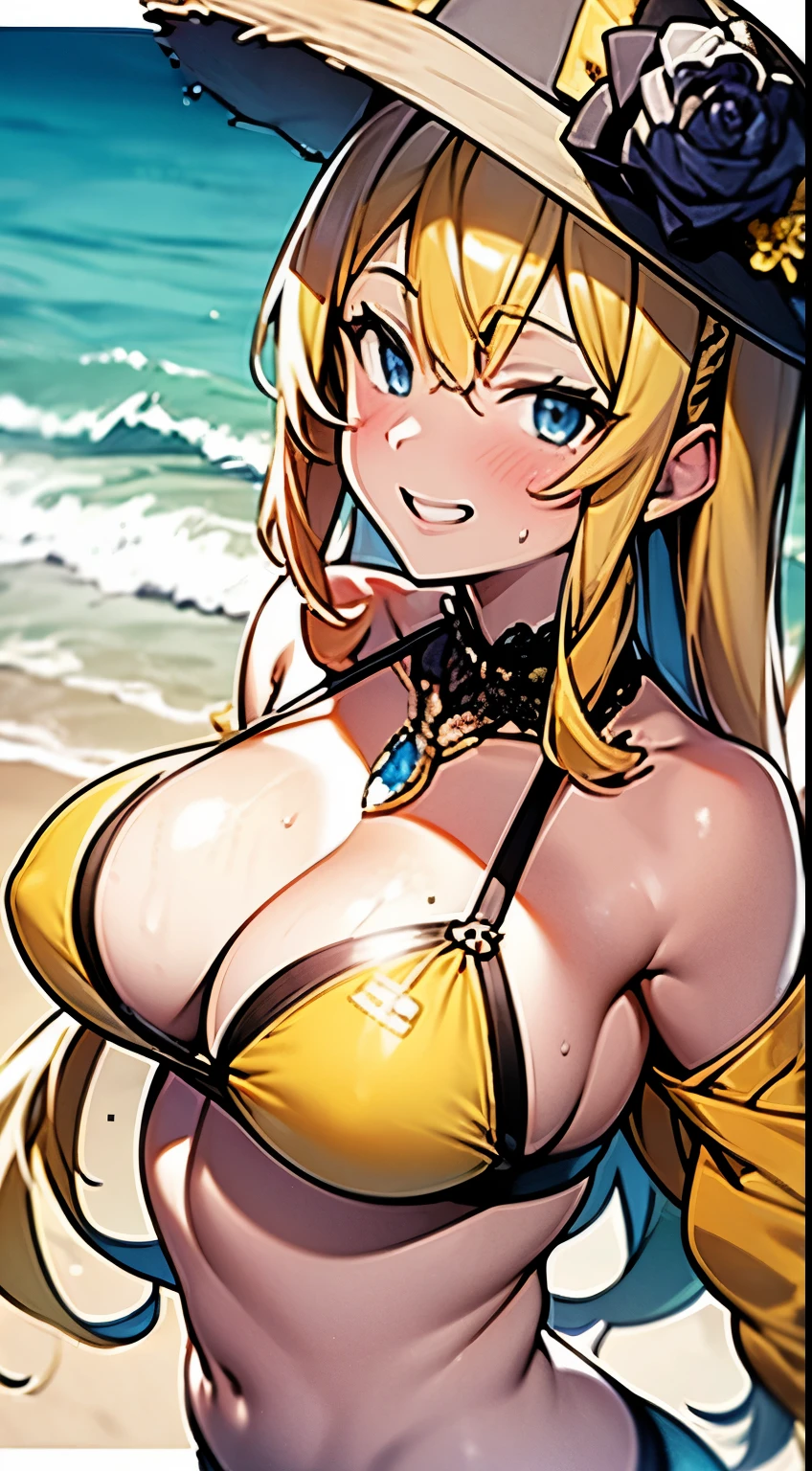 Masterpiece, best quality, 4k, Beach background, yellow hair, bikini, big breast, smile, Sweating