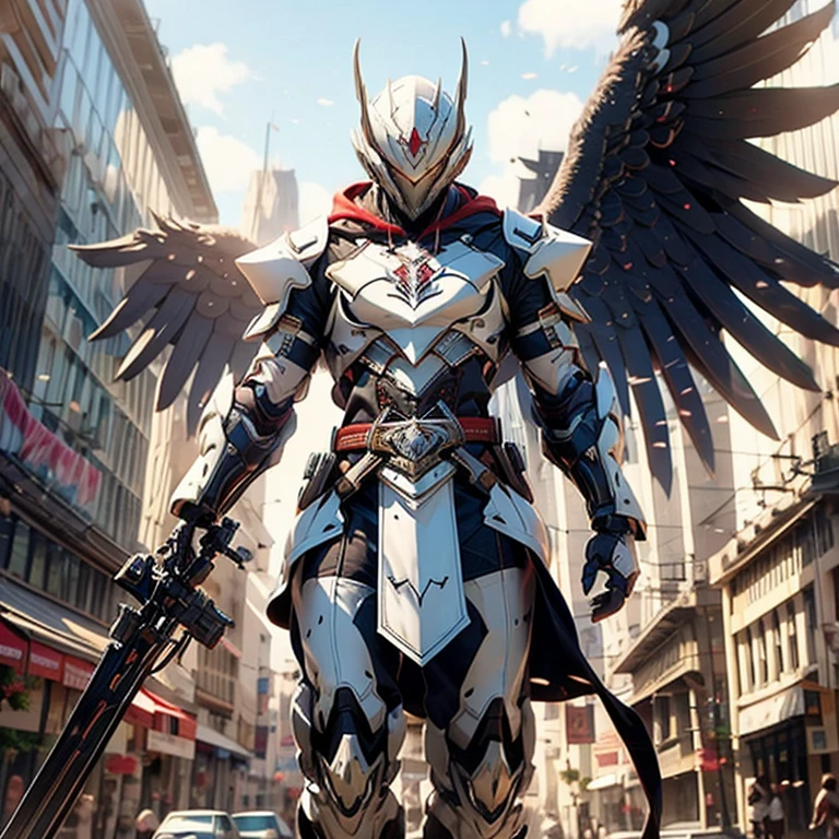 White hood，male people，hidden blade，Eagle beak hood，armor，White cloak，assassins creed，sci-fy，Long Gun，a shield，exoskeleton，masked，helmet under hood，Mechanical wings，Skirt，Skirt armor