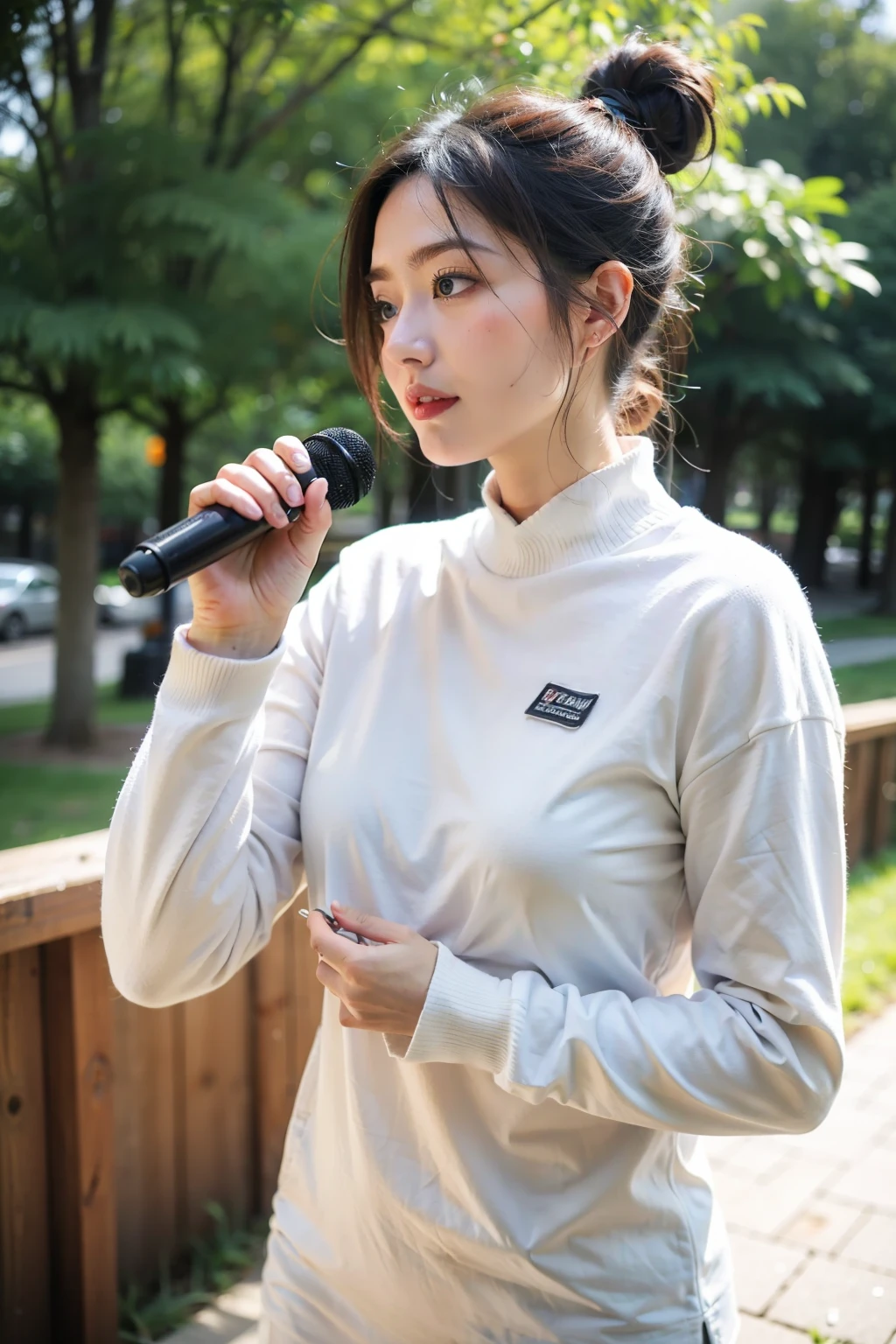 ((Best quality at best)), ((tmasterpiece)), (detailed), The background is an outdoor park,natural classic face,Talking with microphone in hand,A girl records work nearby,long sleeve work uniform,Hair tied up