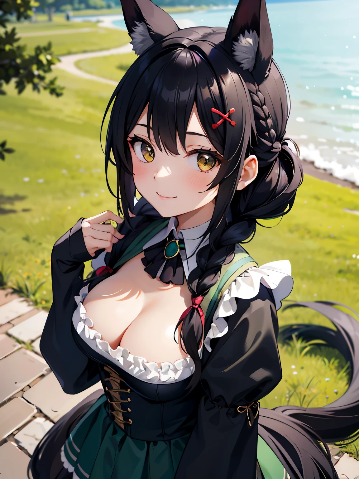 Outdoors, 1 girl, View from above, Upper body, Asato, Long hair, half updo, braid, hair between eye, Animal ears, ear ornament, Horse tail, breasts, frilld, Black Ascot, Green dress, (sleeves past wrists:1.2), black thighhighs, upward looking gaze, Smile