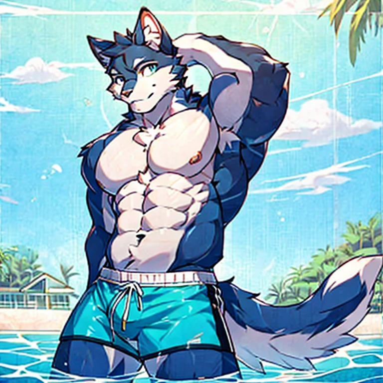 Sexy Male cat. posing. Swimming shorts. Shirtless. Muscular body. Pastel color palette