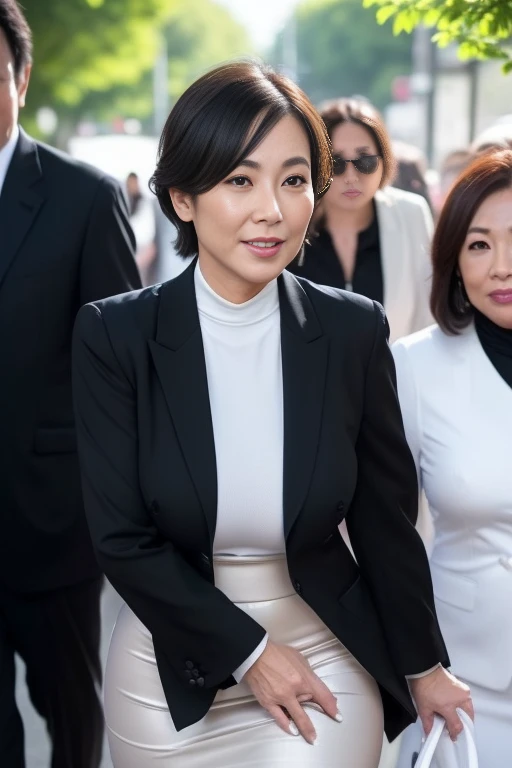 Best Quality, hight resolution, Hires, Skin definition, Detailed skin, Detailed eyes, Detailed face, 4K, 日本人A MILF, ((Career Woman)), ((独奏)), (((50 years old))), (Wrinkles at the corners of the eyes:1.5), (nasolabial folds:1.5), A MILF, glamor, A sexy, Chromo-white skin, ((Shorthair)), Looking at Viewer,(((Aging skin:1.0))), ((loose muscles:1.0)), (((A slender))), (((Very large breasts:1.28))), ((Saggy udder)), (Saggy buttocks), ((Japanese Models)), 4K, (photoRealistic:1.5), Realistic, nffsw, Beautiful, Bimbo, Perfect makeup, small diamond necklace, piercings, (((Black business suit, white undershirt, pantyhose, tight skirts, high-heels))), ssmile, Public places,Full body photo,