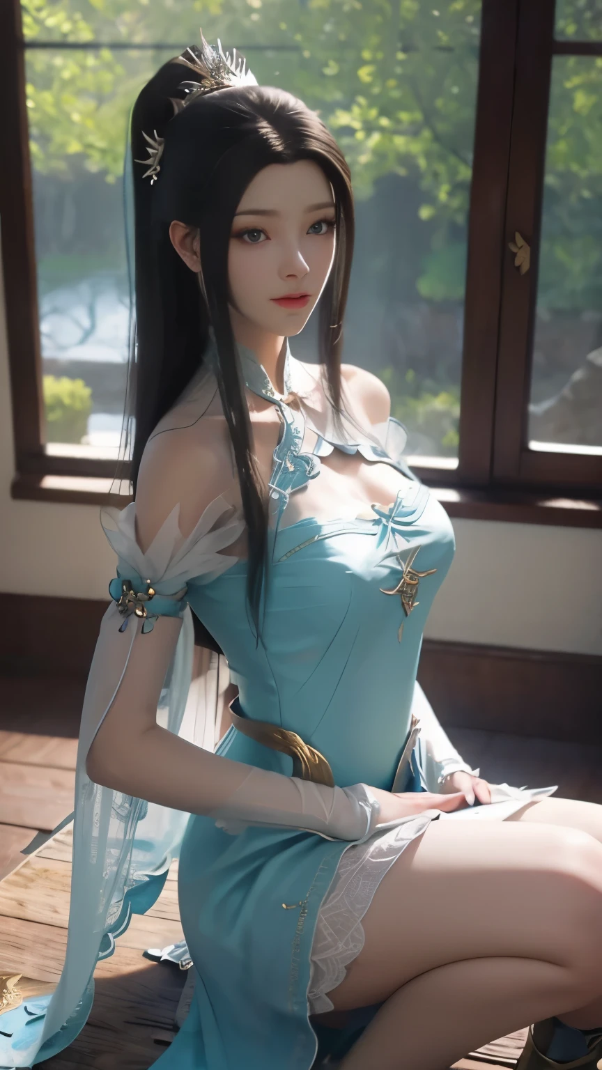 German woman in blue dress sitting on windowsill, Cute anime waifu wearing beautiful clothes, Popular topics on cgstation, 8K high quality detail art, Anime Barbie wearing white stockings, Very detailed and beautiful fan art, Very detailed ArtGerm, Anime girl squat, Flowing magic robes, Beautiful anime woman, WLOP and Sakimichan,Clearly visible cleavage,humongous large breast,brassiere，，Smooth thighs