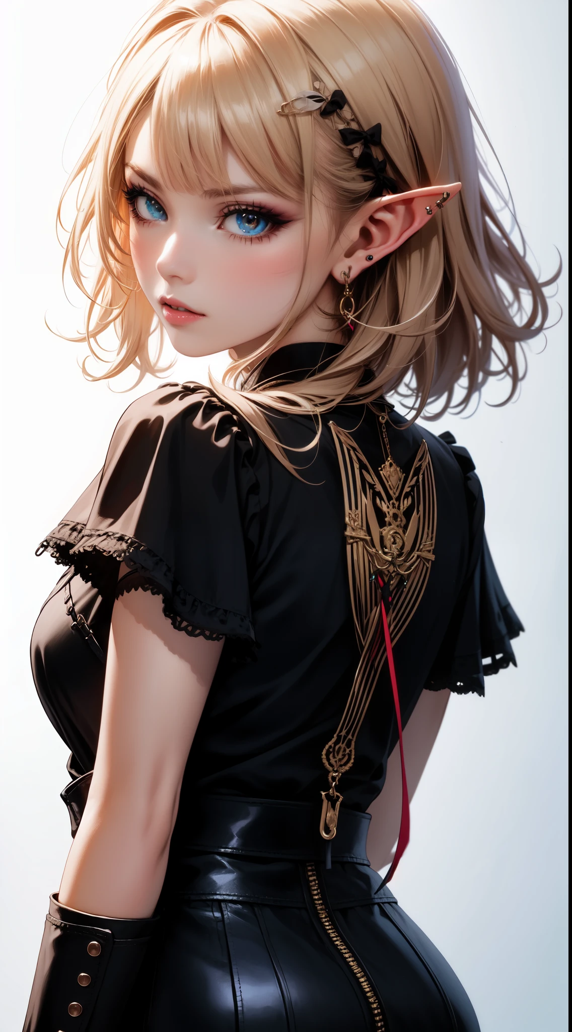 (masterpiece, top quality, best quality, official art, beautiful and aesthetic:1.2), ((elf)), ((1girl)), extreme detailed,(fractal art:1.3),colorful,highest detailed, portrait, from behind,  art by Artgerm, by wadim kashin, by Kawacy, by Yoshitaka Amano, BREAK, (elf), (1girl), solo, perfect face, details eye, Blunt bangs, Blonde white hair, (hair between eye), eyelashes, eyeshadow, pink eyeshadow, BREAK, corsages, jirai kei, (jirai kei fashion:1.1), Frills, Skirts, Various accessories, (ear piercing), punky style, Japanese subculture, fashion, Stockings, colorful, (Dark circles:1.2),