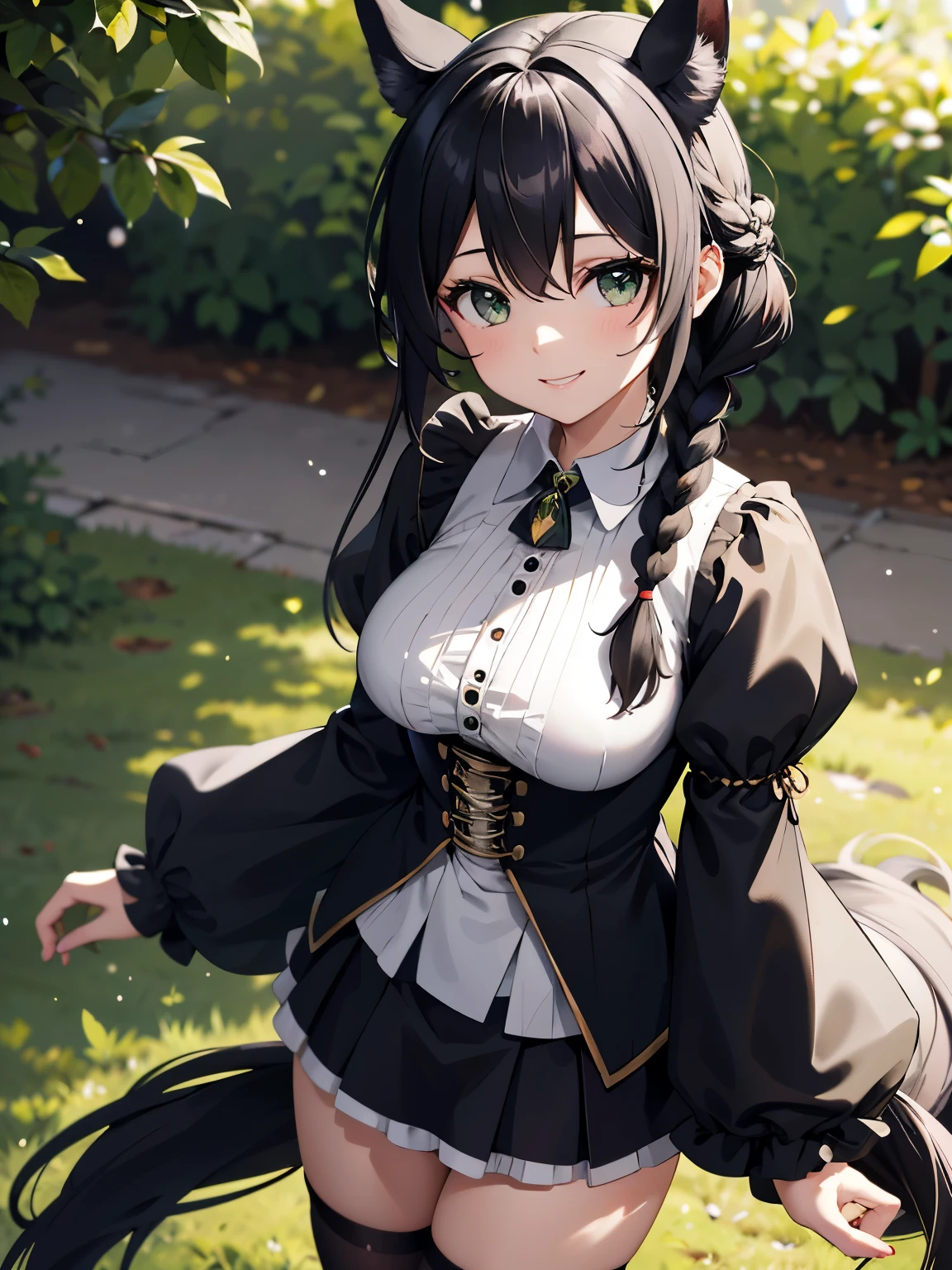 Outdoors, 1 girl, View from above, Upper body, Asasato, Long hair, half updo, braid, hair between eye, Animal ears, ear ornament, Horse tail, breasts, frilld, Black Ascot, Green dress, (sleeves past wrists:1.2), black thighhighs, upward looking gaze, Smile