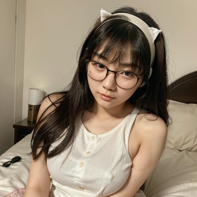 Korean Asian woman wearing glasses and headphones sitting on bed, with glasses, korean girl, thick glasses, age is 18 years old, 2 2 years old, thicc, 21 years old, beautiful asian girl, asian girl, young and cute girl, with glasses on, spectacled, cutecore, Large glasses, The cute catgirl is so pretty.,maid outfit,