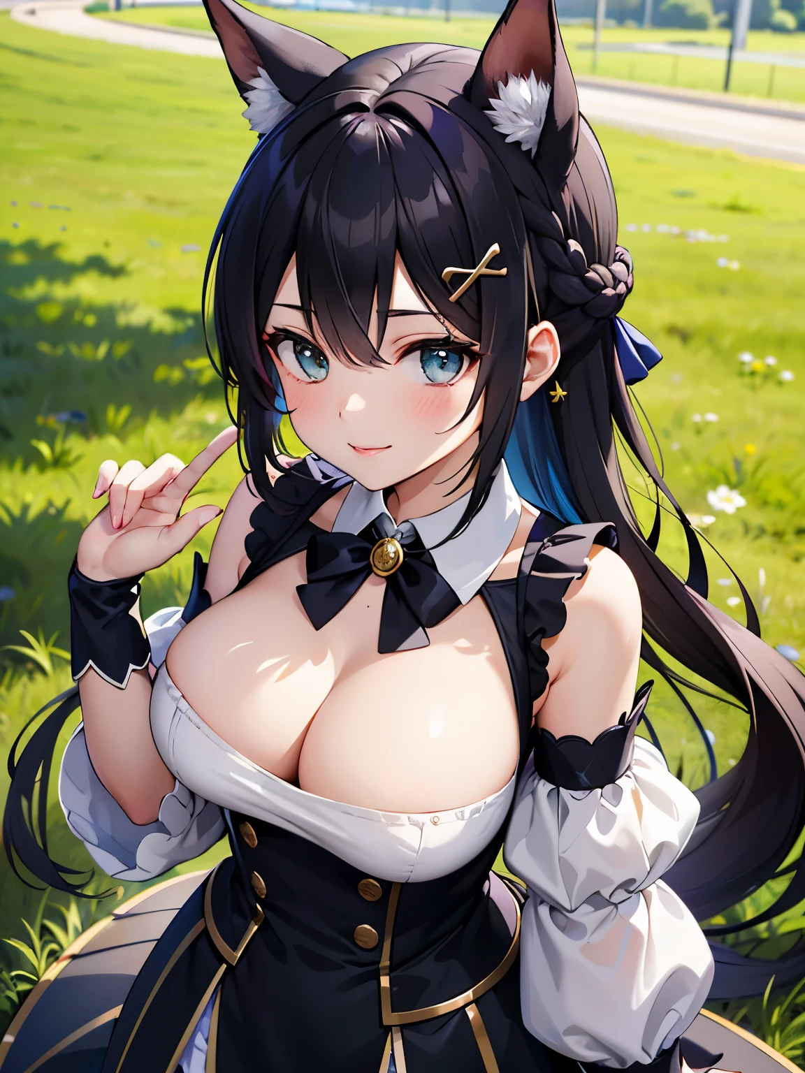 Outdoors, 1 girl, View from above, Upper body, Asato, Long hair, half updo, braid, hair between eye, Animal ears, ear ornament, Horse tail, breasts, frilld, Black Ascot, Green dress, (sleeves past wrists:1.2), black thighhighs, upward looking gaze, Smile