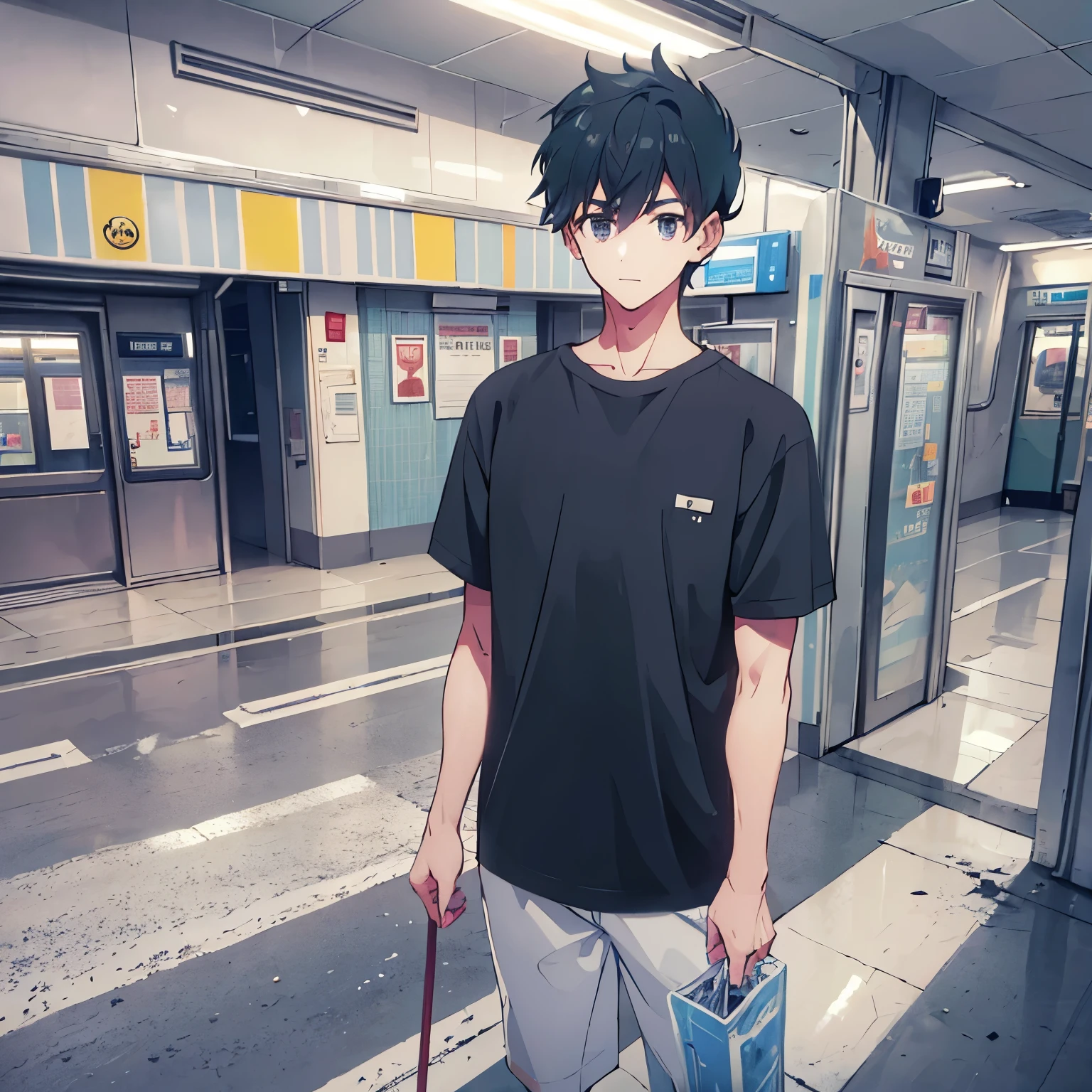 1 boy，short detailed hair，Handsome and handsome，tee shirt，in a panoramic view，subways