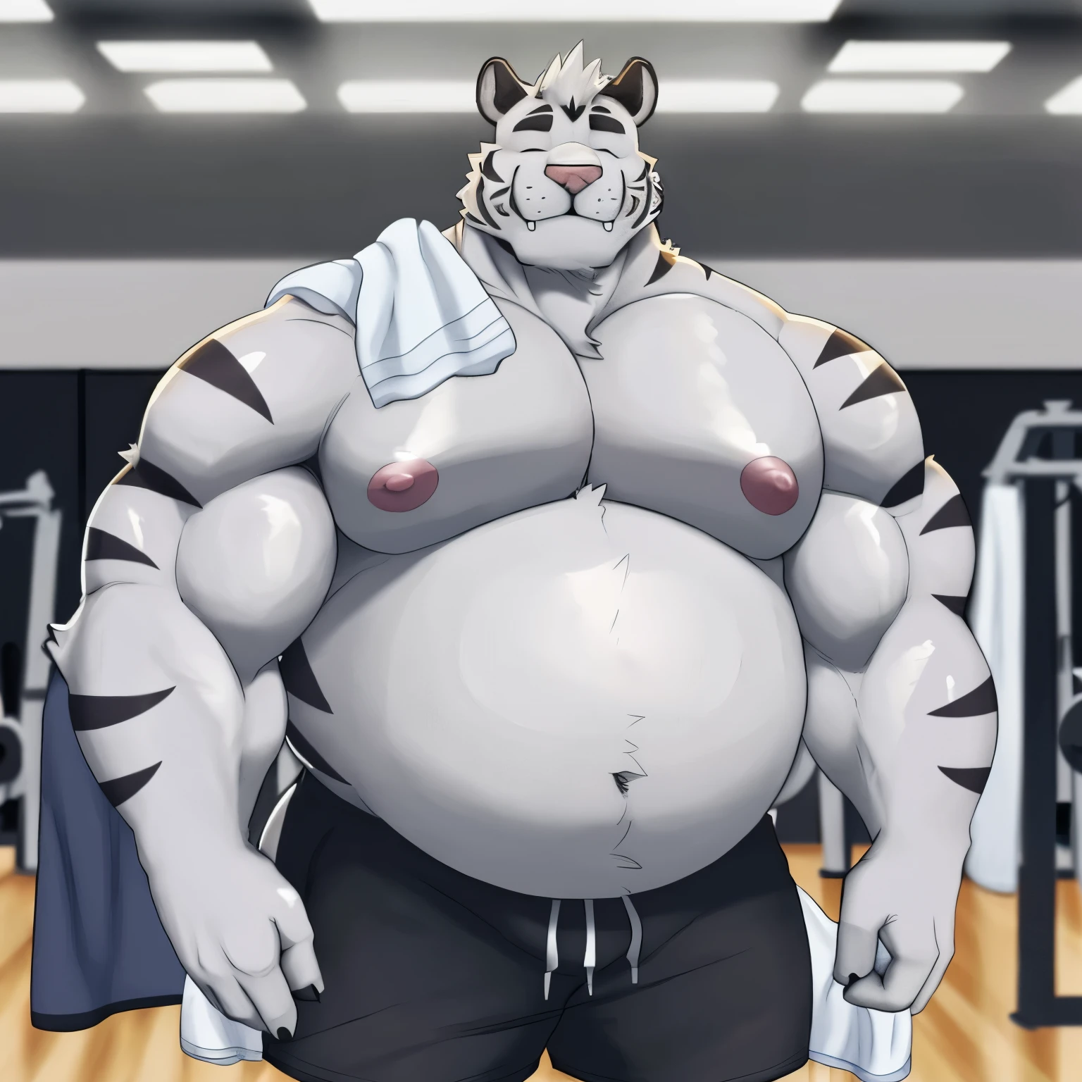 axel cosmas , solo, towel on shoulder,black shorts plump, huge, gym background, nipples, big fat belly, big ass, eyes shut, standing, 5 fingers, musclegut body, lineart, normal eyes, wet body, macro body, massive body, huge pecs, very wide