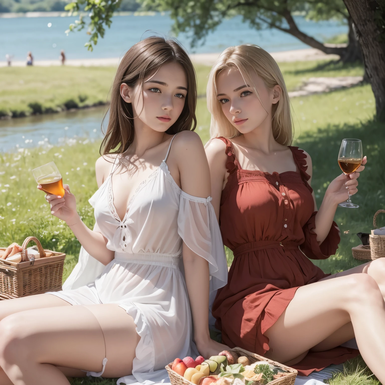 Two woman, 20yo, European, Extremely detailed, picnic at a riverbank in summer, zoomed out, il fait chaud, in summer, summer clothes, detailed clothing, brune ou blonde, regard sensuels, ??????????, detailled face, detailled skin