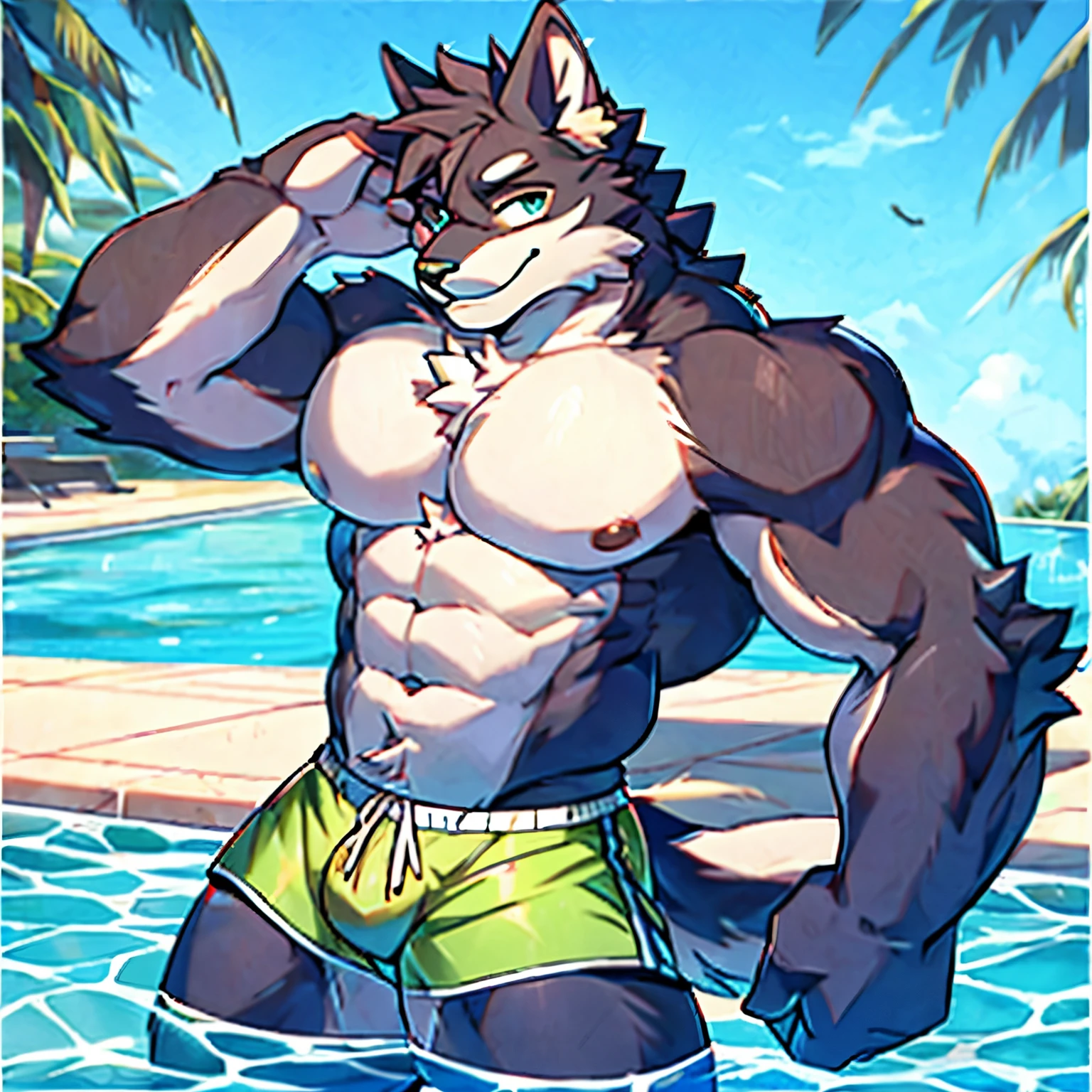 Sexy male cat furry. posing. Muscular body. Pastel color palette. Swimming shorts. Shirtless. Cute