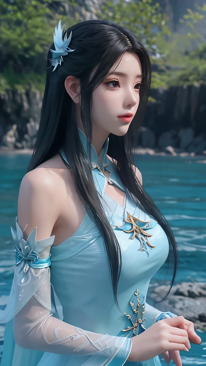 Arapei wearing a blue and white dress standing in the water, animemanga girl walking on water, Close-up fantasy of water magic, azur lane style, Popular topics on cgstation, animemanga girl , serafina ali kda, splash ink art anime loli, cgstation trends, realistic water, water fairy, WLOP and Sakimichan