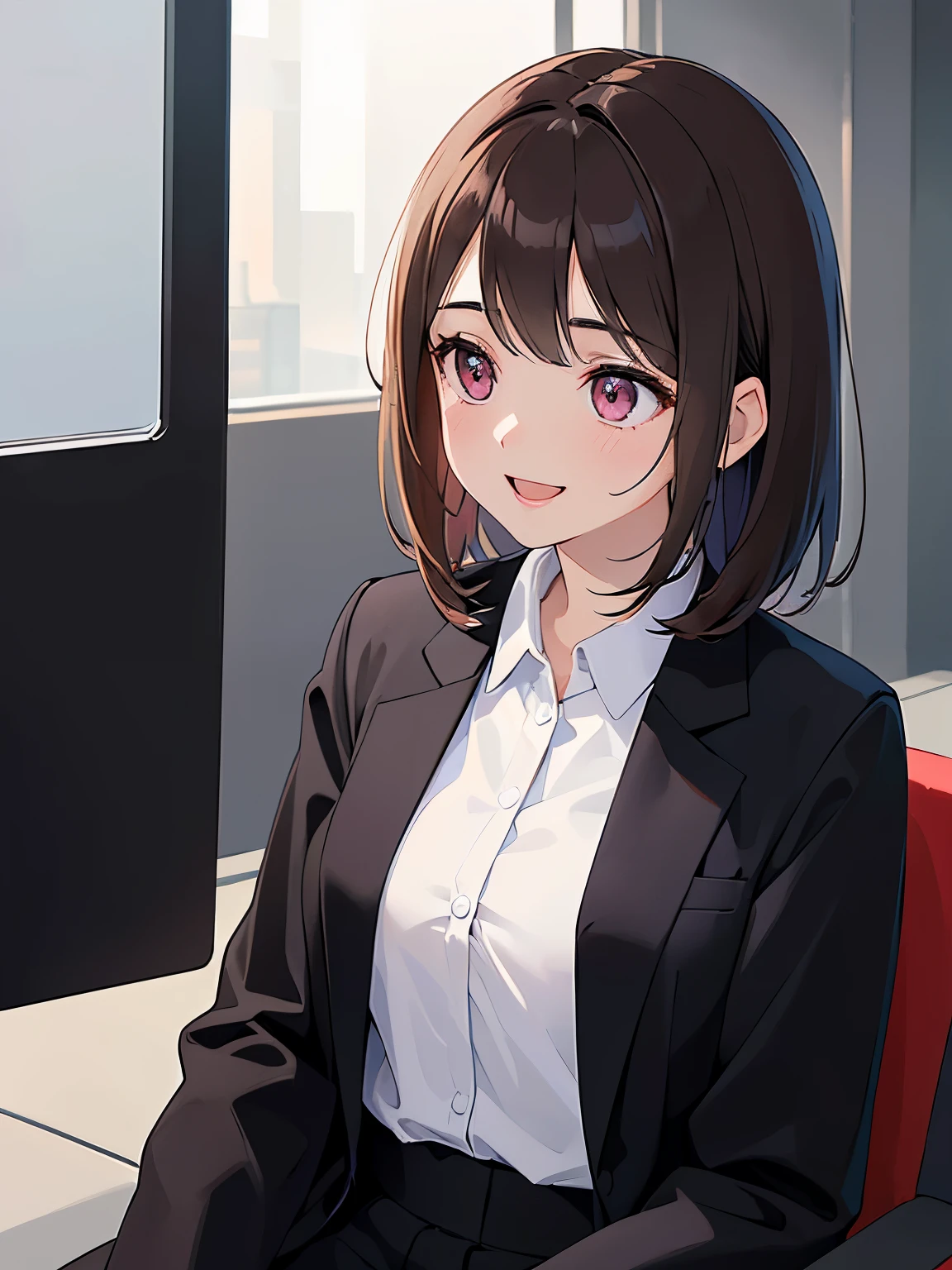 Raising hand, (looking away:1.5), ​masterpiece、top-quality、 A 25-year-old woman with medium hair and pink eyes with brown bangs.、Wearing a black suit、white  shirt、(smile:1.3)、open mouth, Close-up of your face、sitting on、The background is office、Bold composition、Upper body is shown、Alone、