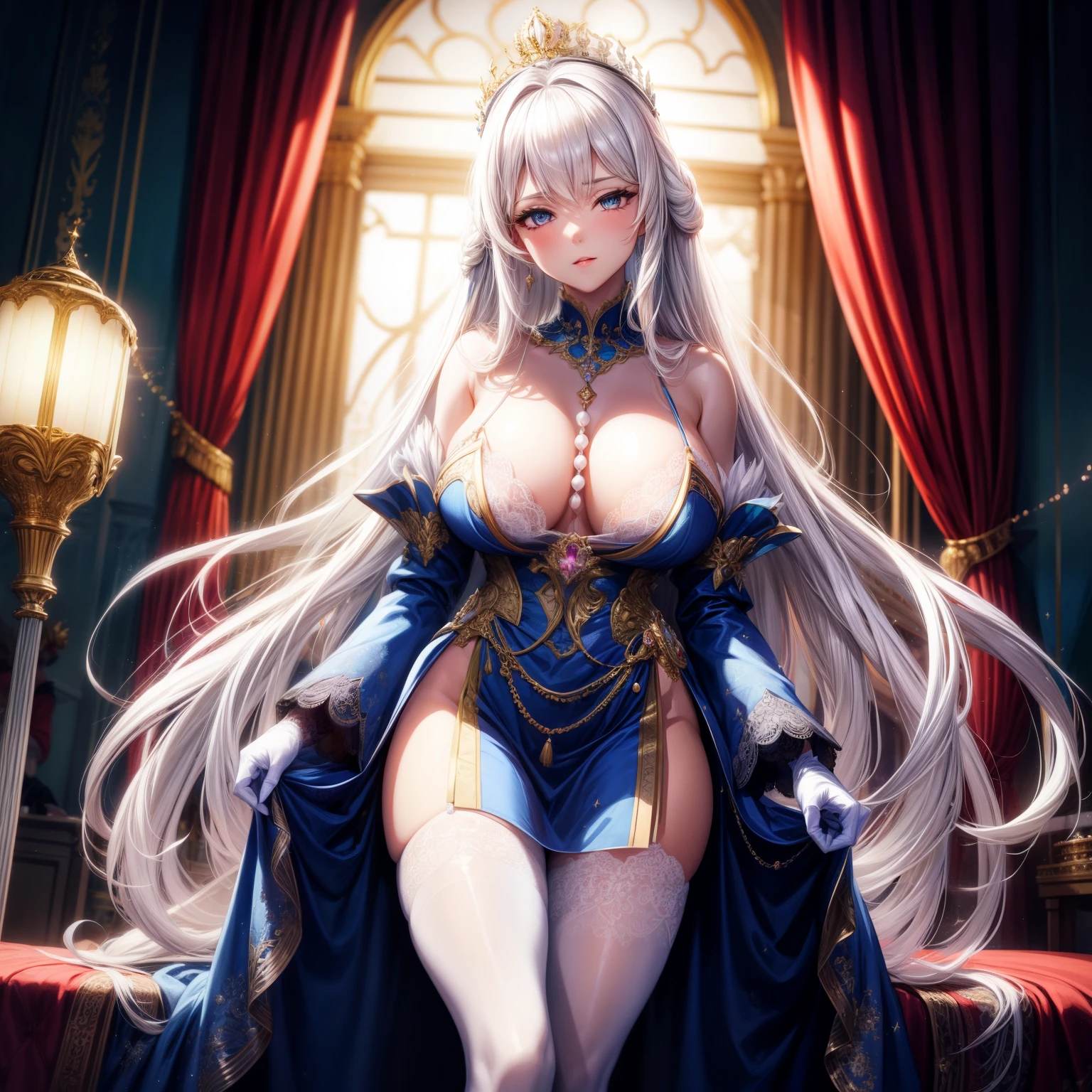 Ultra-detailed 8K CG, hyper realisitc, tmasterpiece, spotlight lights, royal paLace, 电影灯光, cinematicbloom, professional photoshooting, Ridiculously long hair, Very long hair, White hair, divine goddess, humongous large breast, Stick it out, A queen, Beutiful women, Lace, Lace trim, Lace-trimmed legwear, Raised your legs, Wear gloves on elbows, pearl neckLace, soybean, jewely, Shiny, twinkle, diamond, looking at viewert, Serious, formal, epic, Large curtains, Indoors