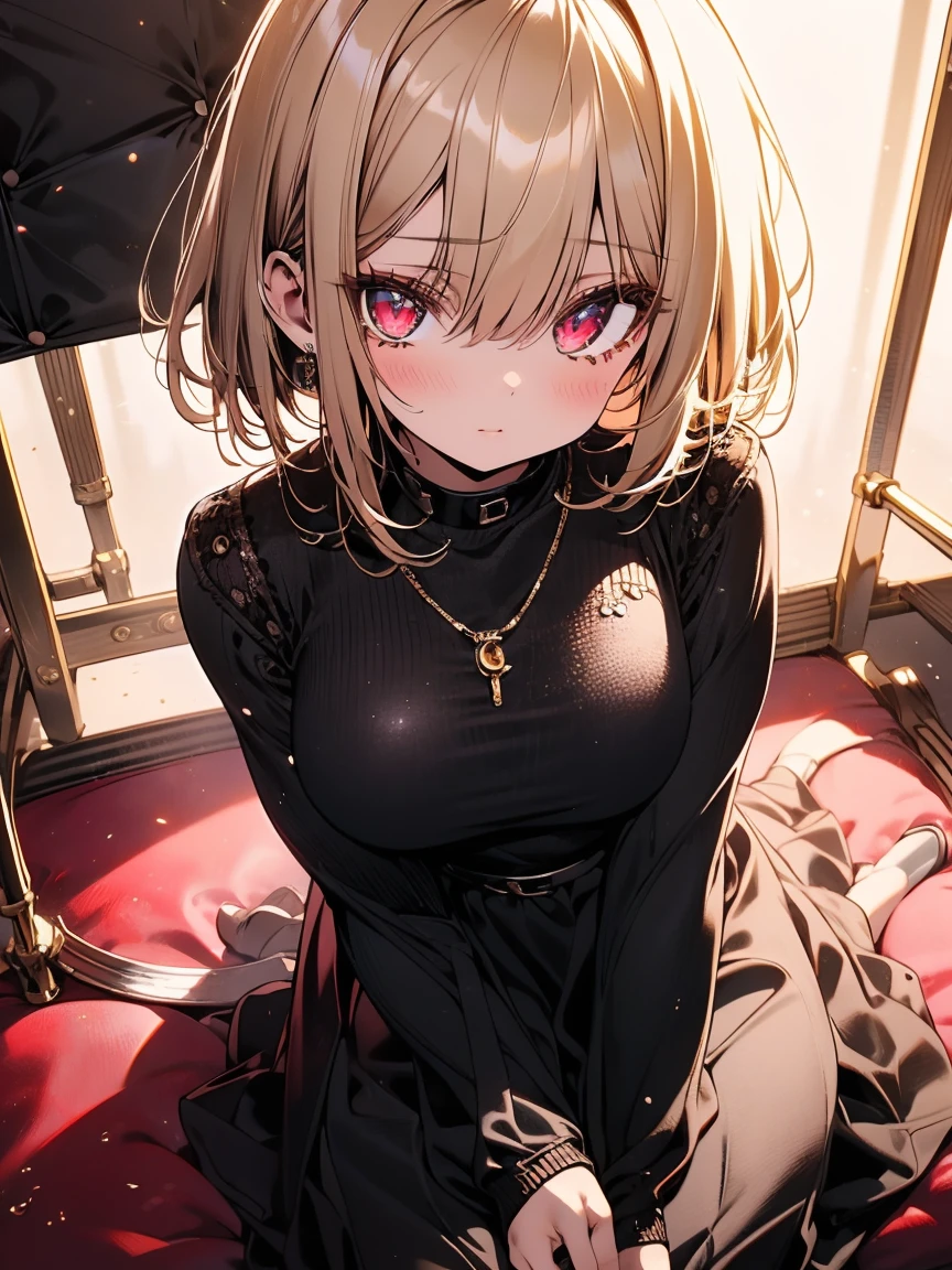 young girl 15 years old, short silver bob hair, hair flower, sharp bangs between the eyes, yellow eyes, eyes large, traditional chinese imperial clothes black with gold details, red skirt, black thigh high socks. slenderbody. bound and gagged, kneeling on the bed, kneeling. point of view from above. in a Japanese room, at night, with full moon in the background, light reflecting on the sexy and sweaty body. (((sweat)))