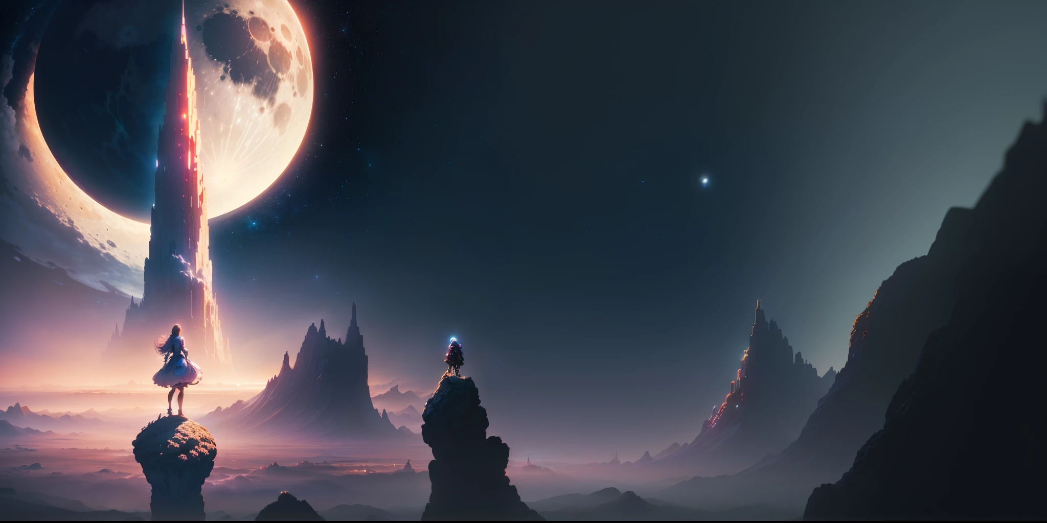 anime girl standing on a rock looking at a giant moon, paul lehr and beeple, jessica rossier fantasy art, arstation and beeple highly, 8k stunning artwork, artgem and beeple masterpiece, epic fantasy sci fi illustration, jessica rossier color scheme, 3 d render beeple, 4k fantasy art
