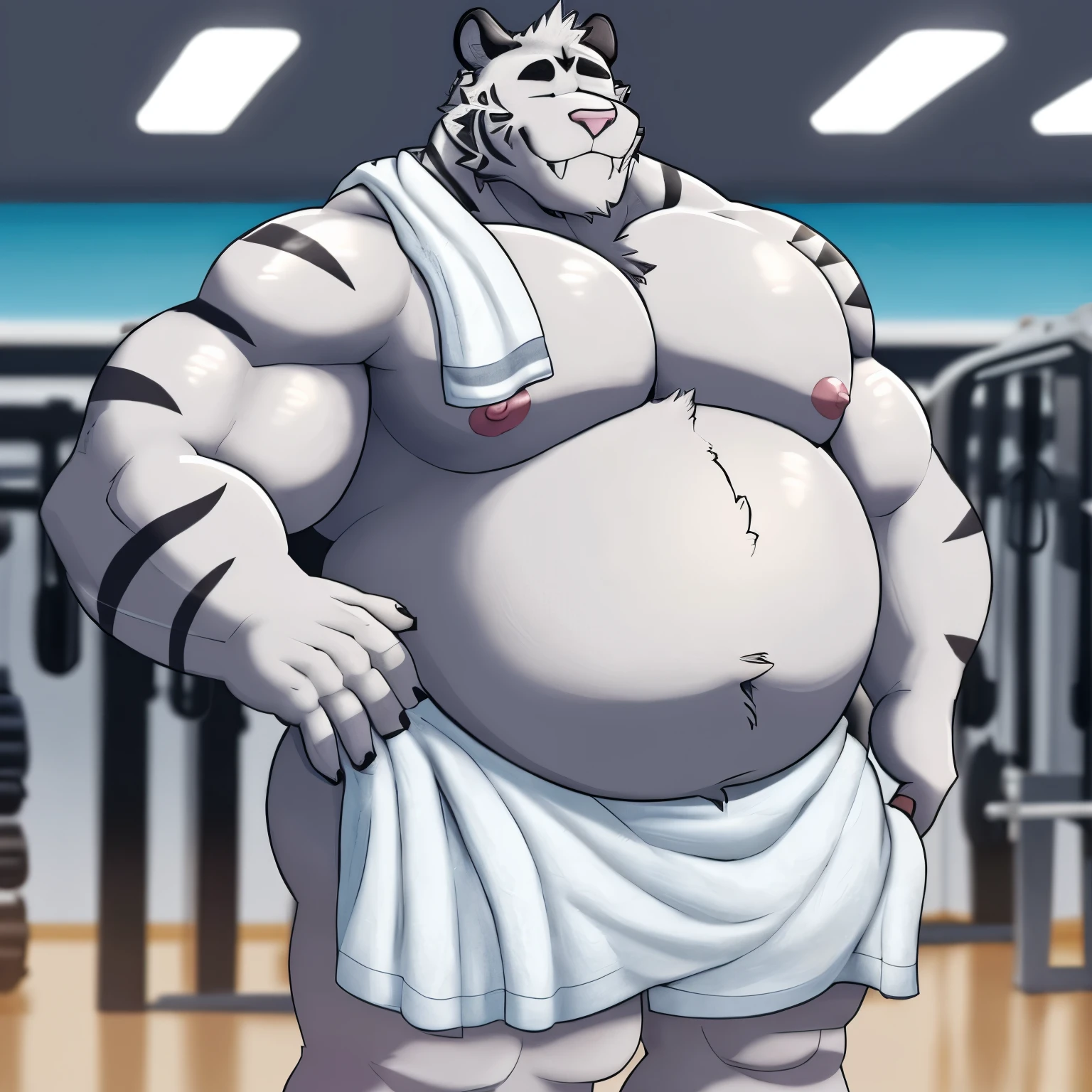 axel cosmas , solo, towel on shoulder,black shorts plump, huge, gym background, nipples, big fat belly, big ass, eyes shut, standing, 5 fingers, musclegut body, lineart, normal eyes, wet body, macro body, massive body, huge pecs, very wide