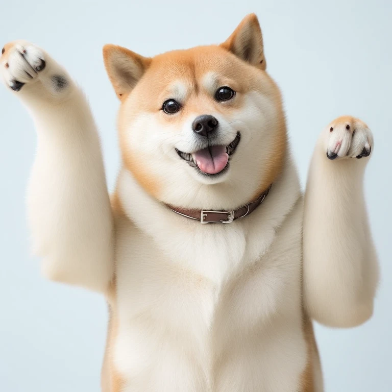 Solo,Professional photographer Swoledoge))):Buff Swoledoge:8], Grinning, Dog's body,raise a hand,Cinematic dramatic light, Smooth transition, Bokeh, simple background,Looking at Viewer,