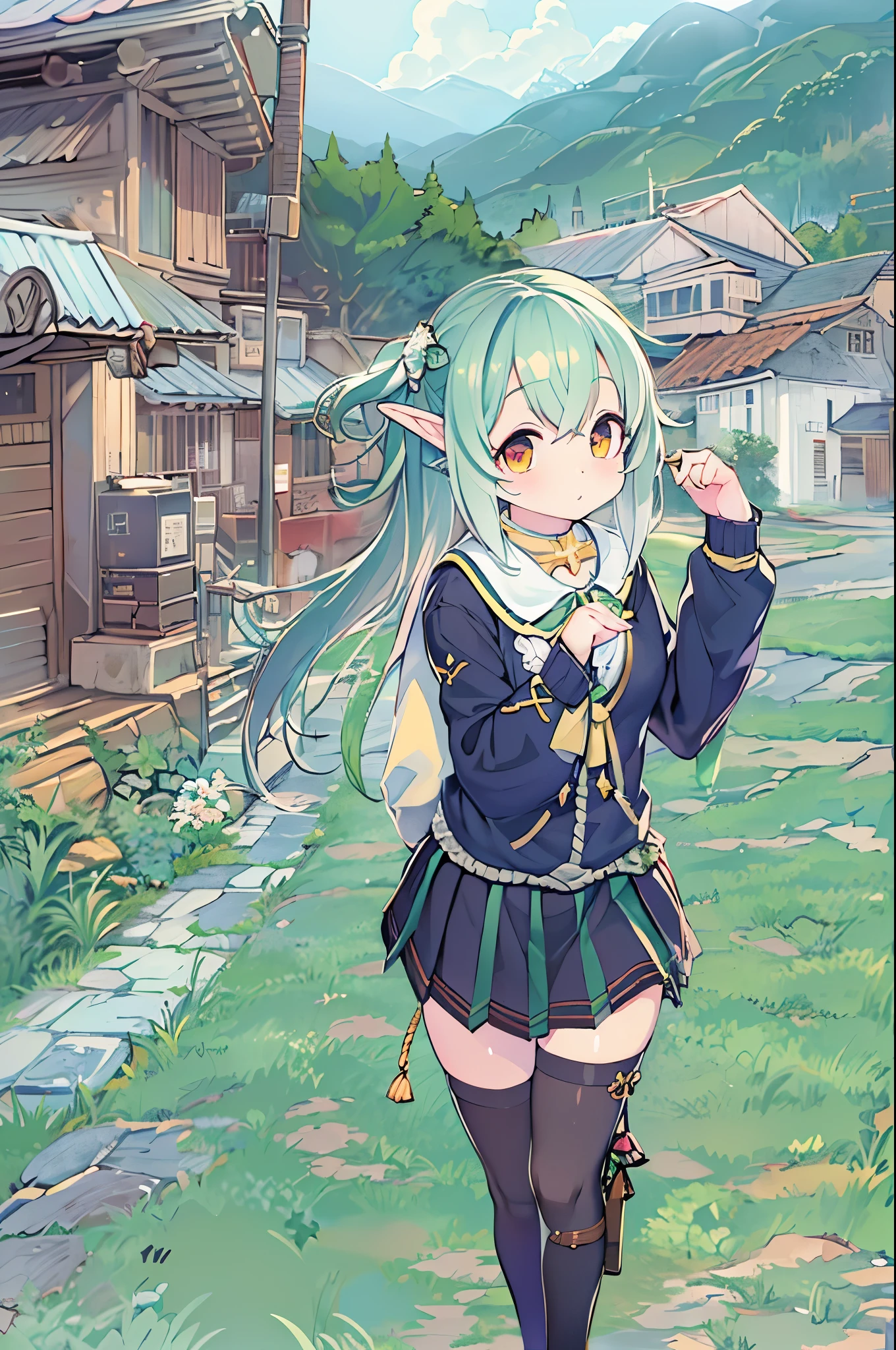 masutepiece , Best Quality,Nahida(Genshin Impact) ,1girl in , tiny chest,Long hair ,Side Ponytail, Hair Ornament , White hair , Green hair , hand behind head:1.5,multicolored hair, elf , pointy ear , School uniform , Skirt ,Cardigan,mountain road , Street,looking at the viewers
