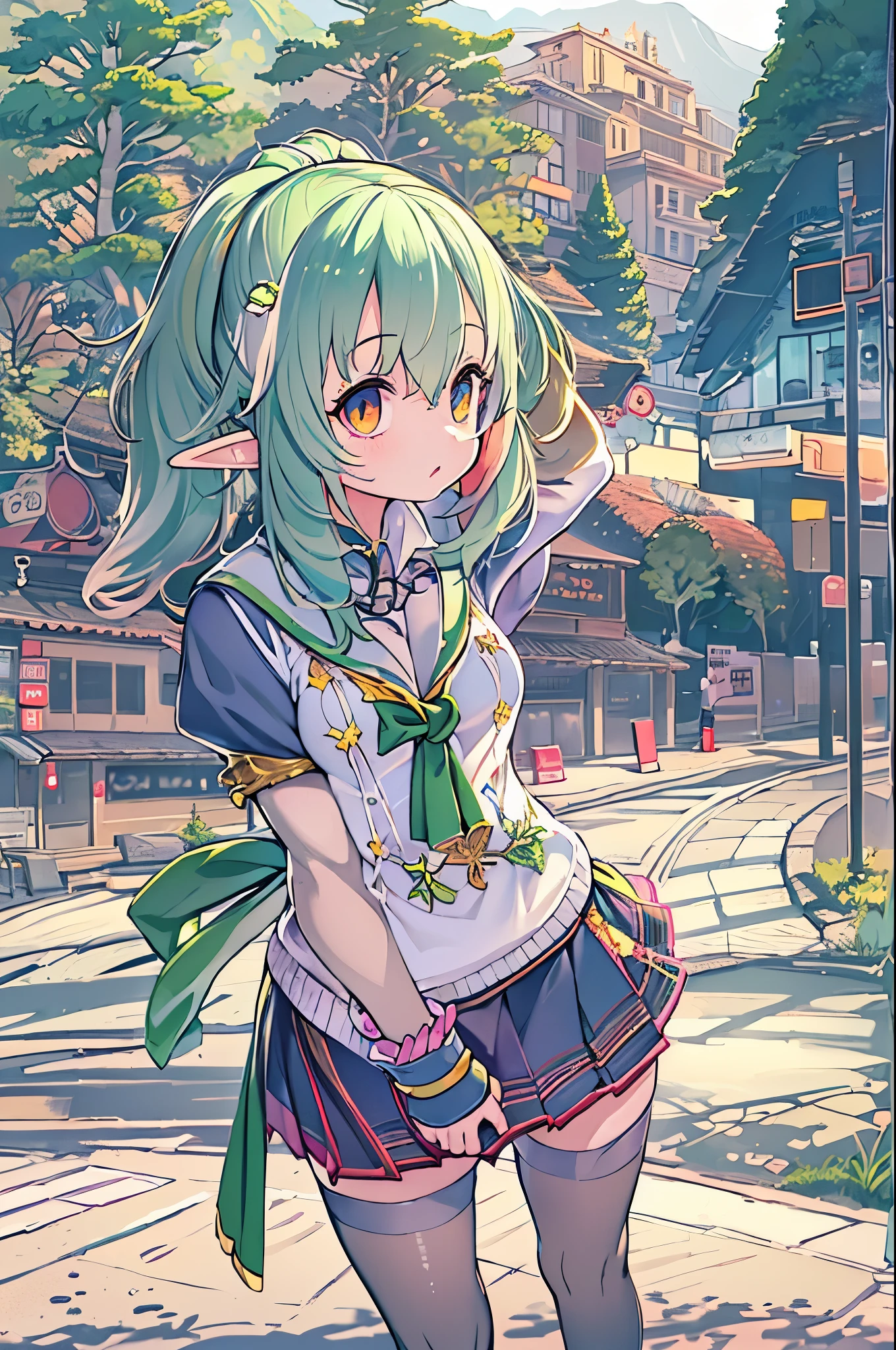 masutepiece , Best Quality,Nahida(Genshin Impact) ,1girl in , tiny chest,Long hair ,Side Ponytail, Hair Ornament , White hair , Green hair , hand behind head:1.5,multicolored hair, elf , pointy ear , School uniform , Skirt ,Cardigan,mountain road , Street,looking at the viewers