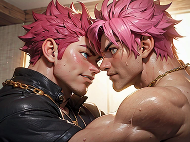 ((2boys, 2 men, duo)) ,gay couple,Natsu Dragneel and Gray Fullbuster kissing, ((upper body)), passionate blushing,  space background, muscular body with washboard abs and pecs with pink nipples, sweating bodies and rugged rms and legs, holding waist embracing, arms embracing, necklace, ((good hands:1.2, good arms:1.2, distinct arms:1.2)), sexual kiss, deep love sexual gay intense