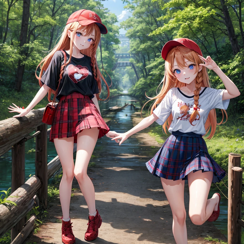 red blonde、blue eyess、Braids、one good looking girl、独奏、animesque、Plaid miniskirt、Black T-shirt、camisole、the woods、Sunlight、Wearing a plaid baseball cap、bare-legged、Tilting your face、Walking、Crossing a log bridge while keeping balance