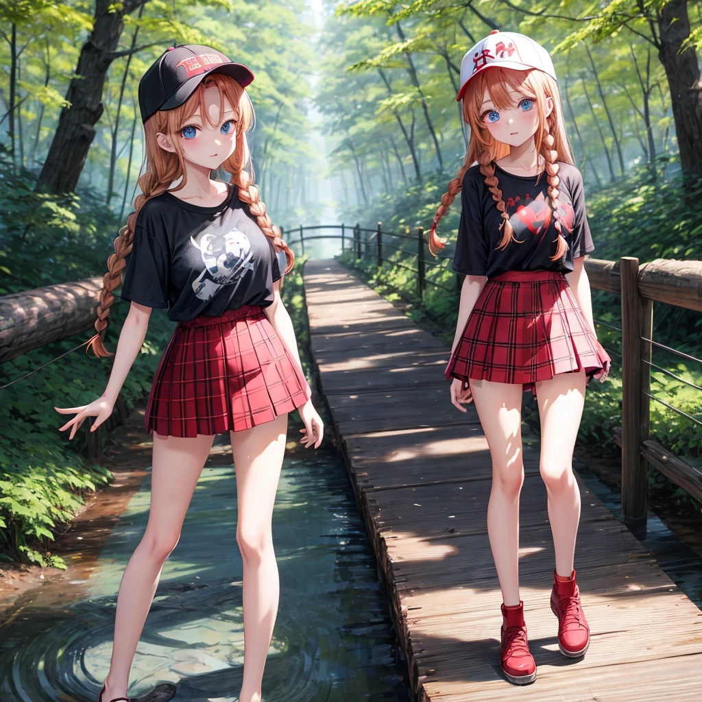 red blonde、blue eyess、Braids、one good looking girl、独奏、animesque、Plaid miniskirt、Black T-shirt、camisole、the woods、Sunlight、Wearing a plaid baseball cap、bare-legged、Tilting your face、Walking、Crossing a log bridge while keeping balance