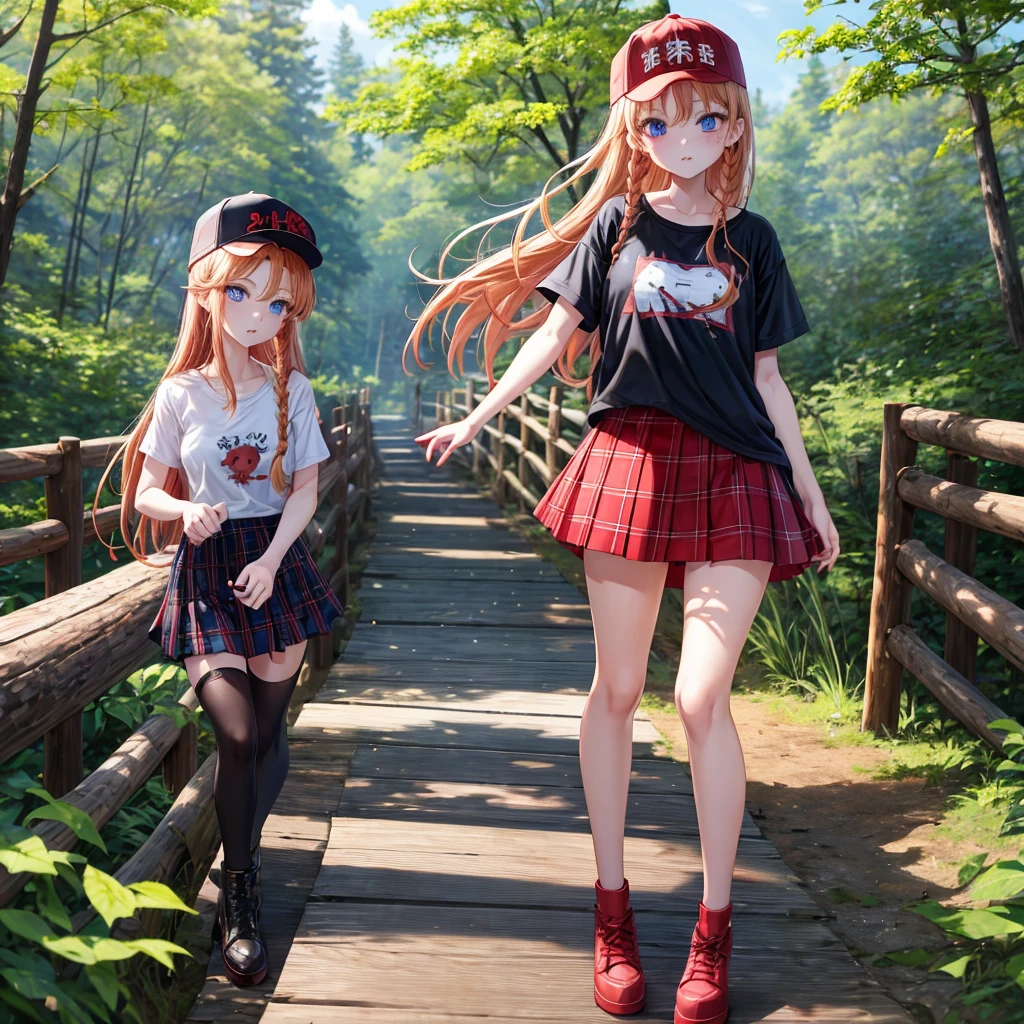 red blonde、blue eyess、Braids、one good looking girl、独奏、animesque、Plaid miniskirt、Black T-shirt、camisole、the woods、Sunlight、Wearing a plaid baseball cap、bare-legged、Tilting your face、Walking、Crossing a log bridge while keeping balance
