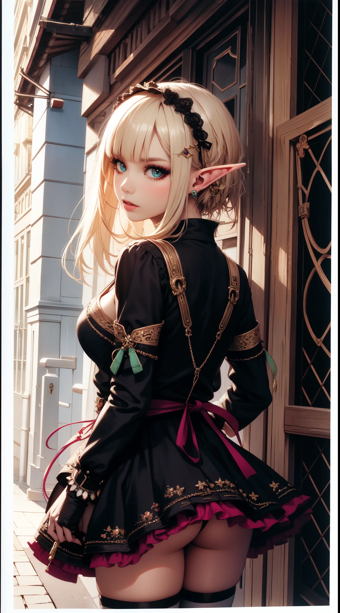 (masterpiece, top quality, best quality, official art, beautiful and aesthetic:1.2), ((elf)), ((1girl)), extreme detailed,(fractal art:1.3),colorful,highest detailed, Cowboy shot, from behind, art by Artgerm, by wadim kashin, by Kawacy, by Yoshitaka Amano, BREAK, (elf), (1girl), solo, perfect face, details eye, Blunt bangs, Blonde white hair, (hair between eye), eyelashes, eyeshadow, pink eyeshadow, BREAK, corsages, jirai kei, (jirai kei fashion:1.1), Frills, Skirts, Various accessories, (ear piercing), punky style, Japanese subculture, fashion, Stockings, colorful, (Dark circles:1.2),