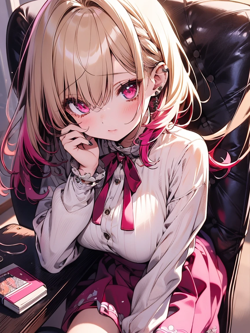 masterpiece, absurdres, best quality, ultra detailed, high Resolution, detailed illustration, extremely beautiful detailed face and eyes, bright colour, 1girl, (), cute face, Delicate beautiful face, magenta eyes, cute eyes, sparkling eyes, big eyes, medium breasts, (perky breasts:1.1), (pointy breasts:1.1), medium hips, glamorous body, white skin, surprise, BREAK, long bob cut, (blonde hair:0.8), messy hair, detailed hair, shiny hair, BREAK sweater, long skirt, tiny ribbon, working, computer, sitting chair, office, real world, natural lights, perfect lighting,