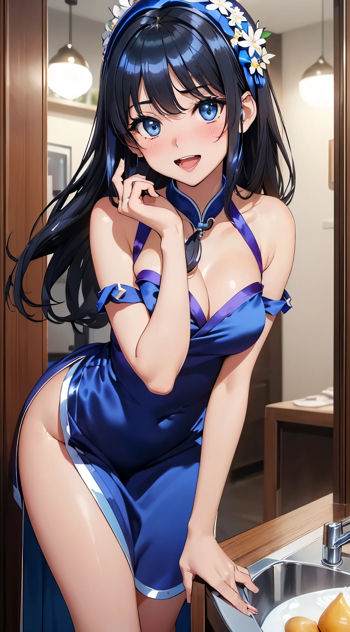 1womanl,Black hair,years ,(()),Beautiful breasts,(((sexy white and blue shiny cheongsam)))(())(((Blushing cheeks、Smile with open mouth)),(((Satin Narico))),((( portlate))),Crowds,white and blue cheongsam