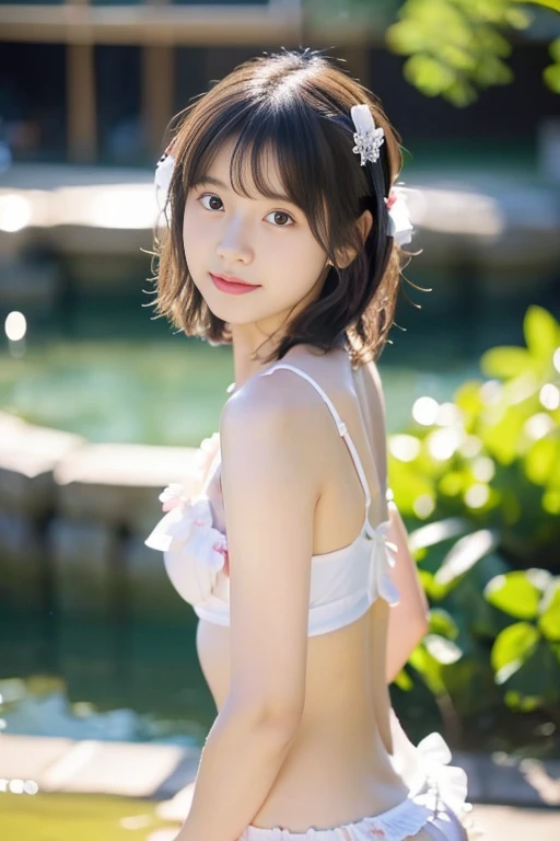 (((​masterpiece))), (((Full body photo)))， (One beautiful Japan girl, classmates, Innocence，kawaii) ，超A high resolution, Realistic, ultra-detailliert, 8K,top-quality, Extremely detailed, Detailed background,A slender,very beautiful japanese girl, (Detailed face:1.3), (Bery short hair，Cute Hair Ornament，A dark-haired :1.4), (a ，kawaii系,adorable 14 year oPerfect body:1.1), (Cute separate swimsuit with white frills),,((Focus on the crotch))，Depressed profile,rosy cheeks，Super Detailed Face、Detailed lips、A detailed eye、small gravure idol，Transparent skin、Lori，Photorealistic:1.37，no-makeup，Neutral Lighting，in a pool,thin arm、((posterior view))