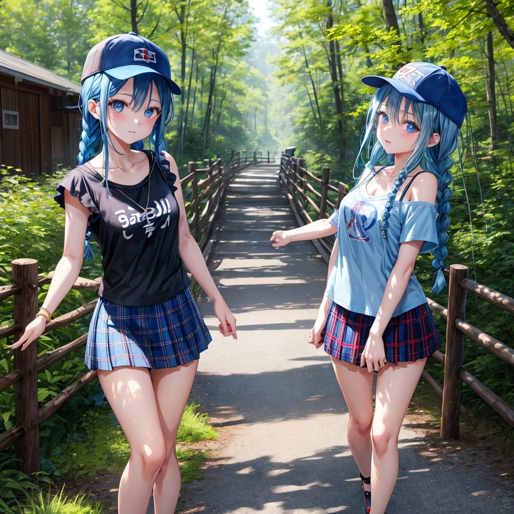 Blue hair、blue eyess、Braids、one good looking girl、独奏、animesque、Plaid miniskirt、Black T-shirt、camisole、the woods、Sunlight、Wearing a plaid baseball cap、bare-legged、Tilting your face、Walking、Crossing a log bridge while keeping balance