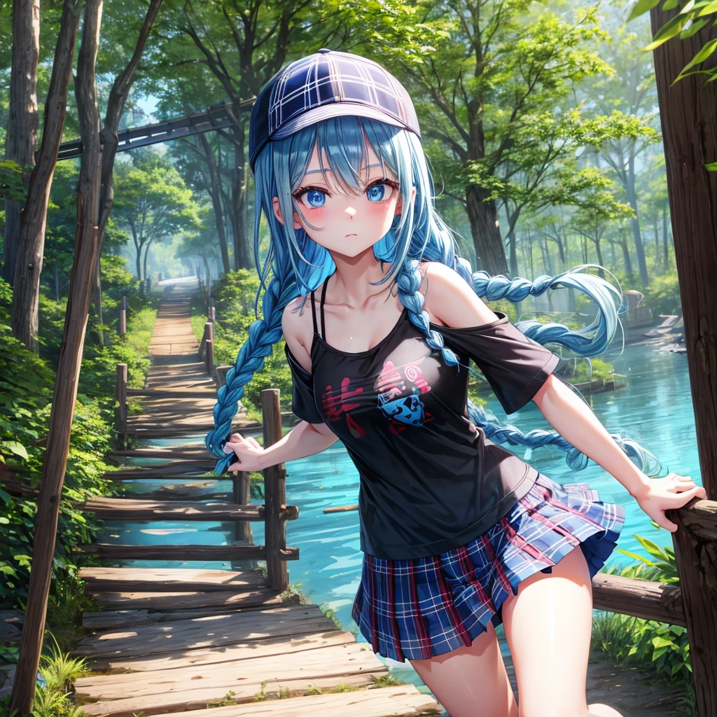 Blue hair、blue eyess、Braids、one good looking girl、独奏、animesque、Plaid miniskirt、Black T-shirt、camisole、the woods、Sunlight、Wearing a plaid baseball cap、bare-legged、Tilting your face、Walking、Crossing a log bridge while keeping balance