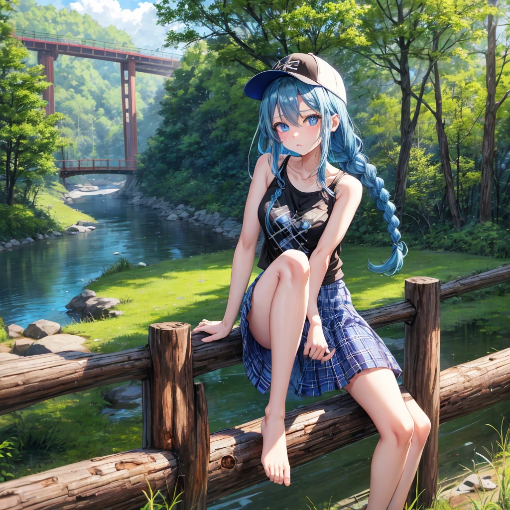 Blue hair、blue eyess、Braids、one good looking girl、独奏、animesque、Plaid miniskirt、Black T-shirt、camisole、the woods、Sunlight、Wearing a plaid baseball cap、bare-legged、Tilting your face、Walking、Crossing a log bridge while keeping balance