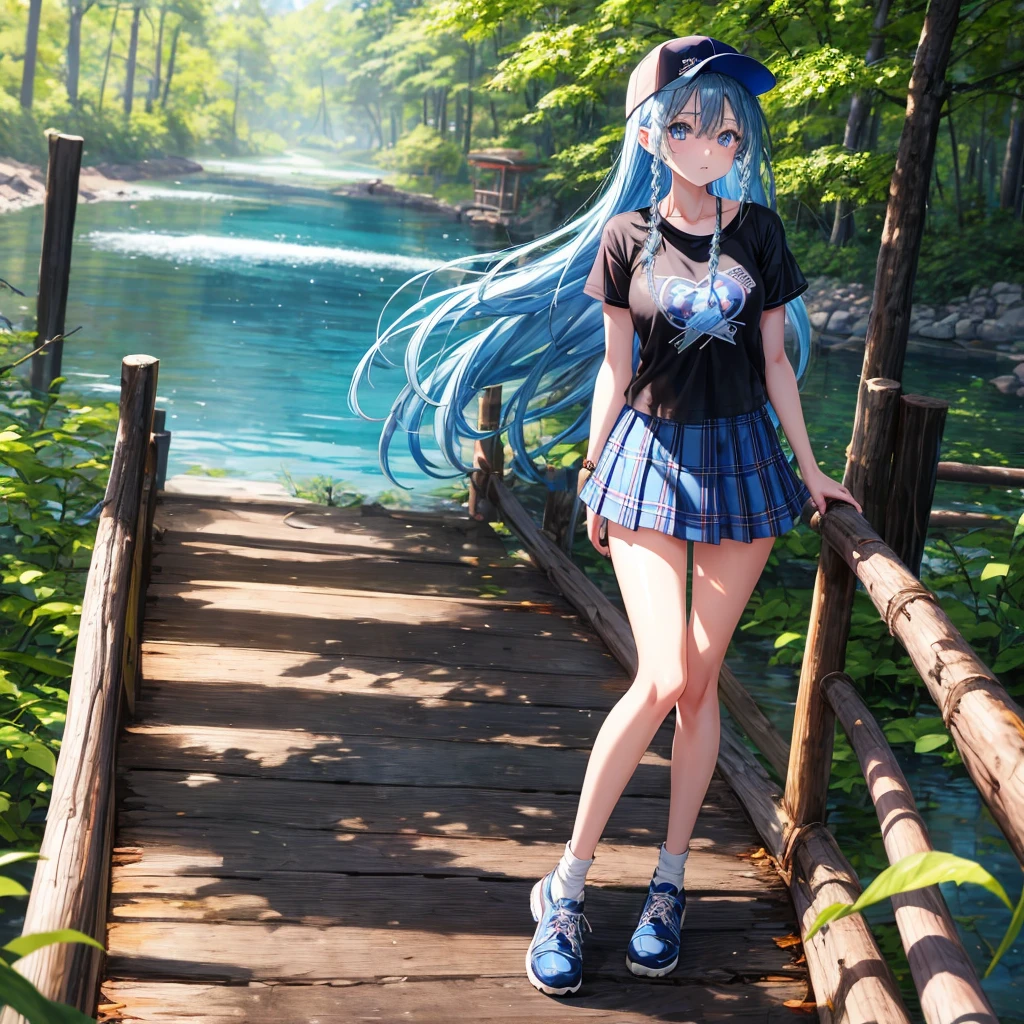 Blue hair、blue eyess、Braids、one good looking girl、独奏、animesque、Plaid miniskirt、Black T-shirt、camisole、the woods、Sunlight、Wearing a plaid baseball cap、bare-legged、Tilting your face、Walking、Crossing a log bridge while keeping balance