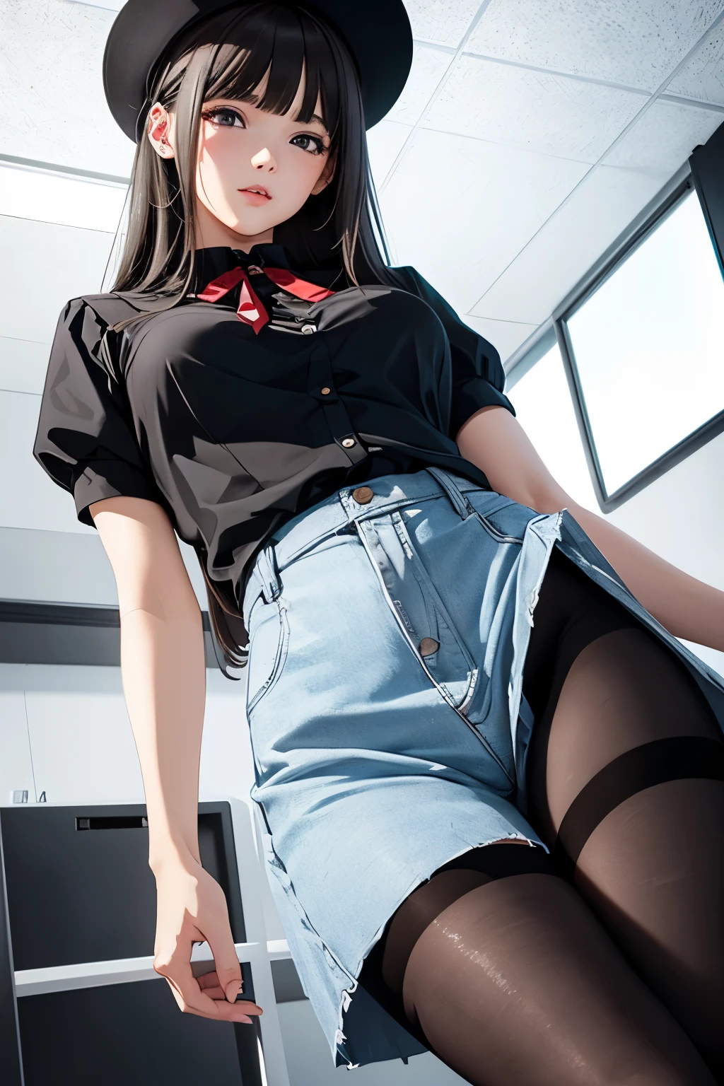 8K,best qualtiy、ultra-detailliert、​masterpiece、realisitic、Photo Real、(Tanned woman、Bery short hair),(((Bra on top、Underneath is a high school skirt))),((((Pull up the skirt with both hands、Showing the crotch of panties))))、((red blush、embarassed expression、watching at viewers))、(Half body shot)、(inside in room)、((Angle from directly below、Focus on the crotch、Background blur))、((small tits、Very skinny body、very thin thighs、very slender legs))、