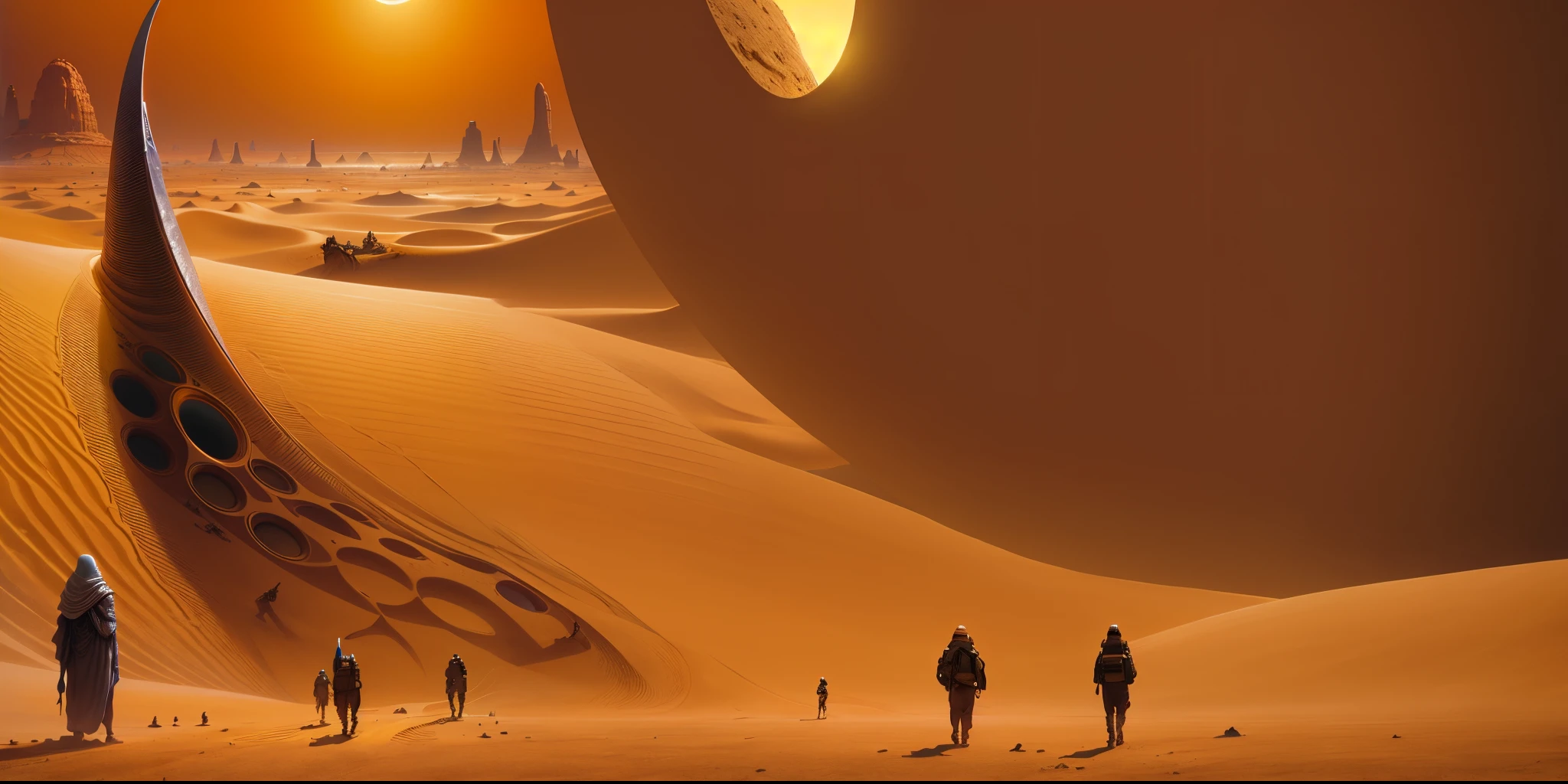 there are people walking in the desert with a large curved object, dan mcpharlin, jodorwoski's dune, arrakis, martian city, dune, beeple and jean giraud, planet arrakis, inspired by Brian Despain, martian architecture, sand desert fantasy, award winning concept artist, greg beeple, futuristic in the desert
