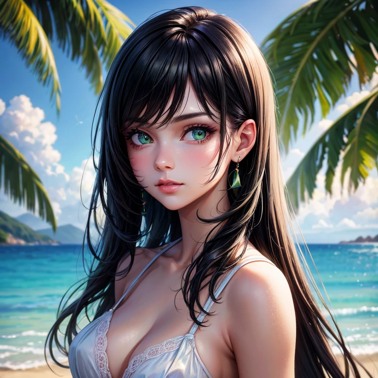 masterpiece, rich colors, Best quality, detailed, high resolution, Hyper quality, high detail, , high quality, detailing, skinny sexy girl on the beach , bright lighting , green eyes, Anime, palm trees, bright lighting,