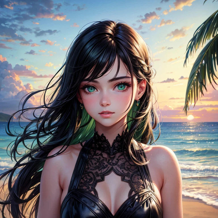 best quality, highres, ultra-detailed, realistic:1.37, professional, vibrant colors, bokeh, portraits, oil painting, studio lighting, green eyes, detailed black hair, contemporary fashion, confident expression, girl, peaceful beach background