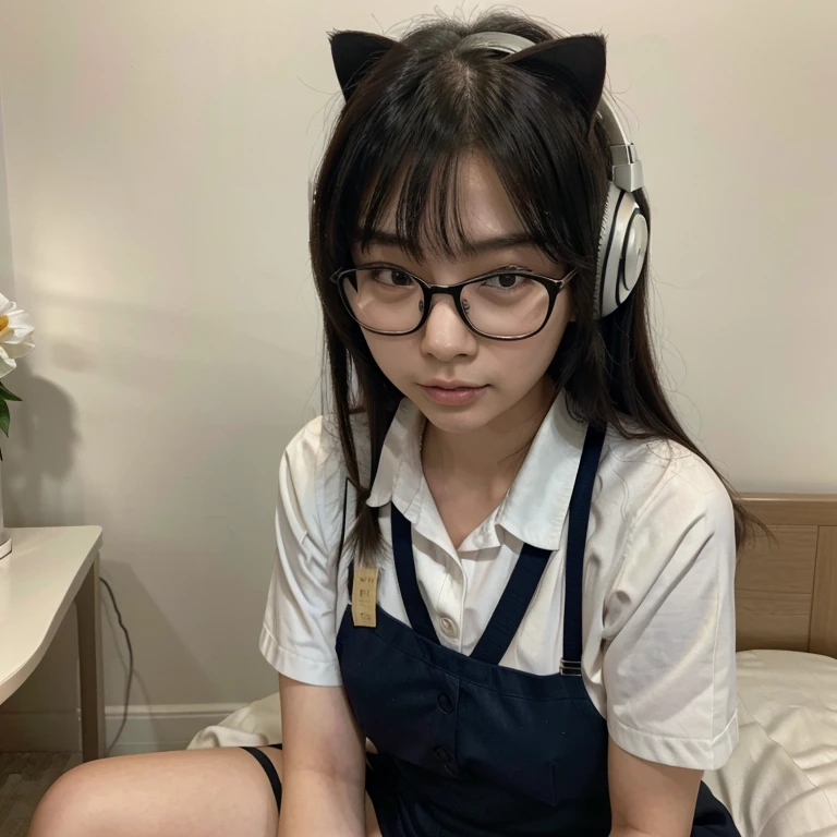 Korean Asian woman wearing glasses and headphones sitting on bed, with glasses, korean girl, thick glasses, age is 18 years old, 2 2 years old, thicc, 21 years old, beautiful asian girl, asian girl, young and cute girl, with glasses on, spectacled, cutecore, Large glasses, The cute catgirl is so pretty.,maid outfit