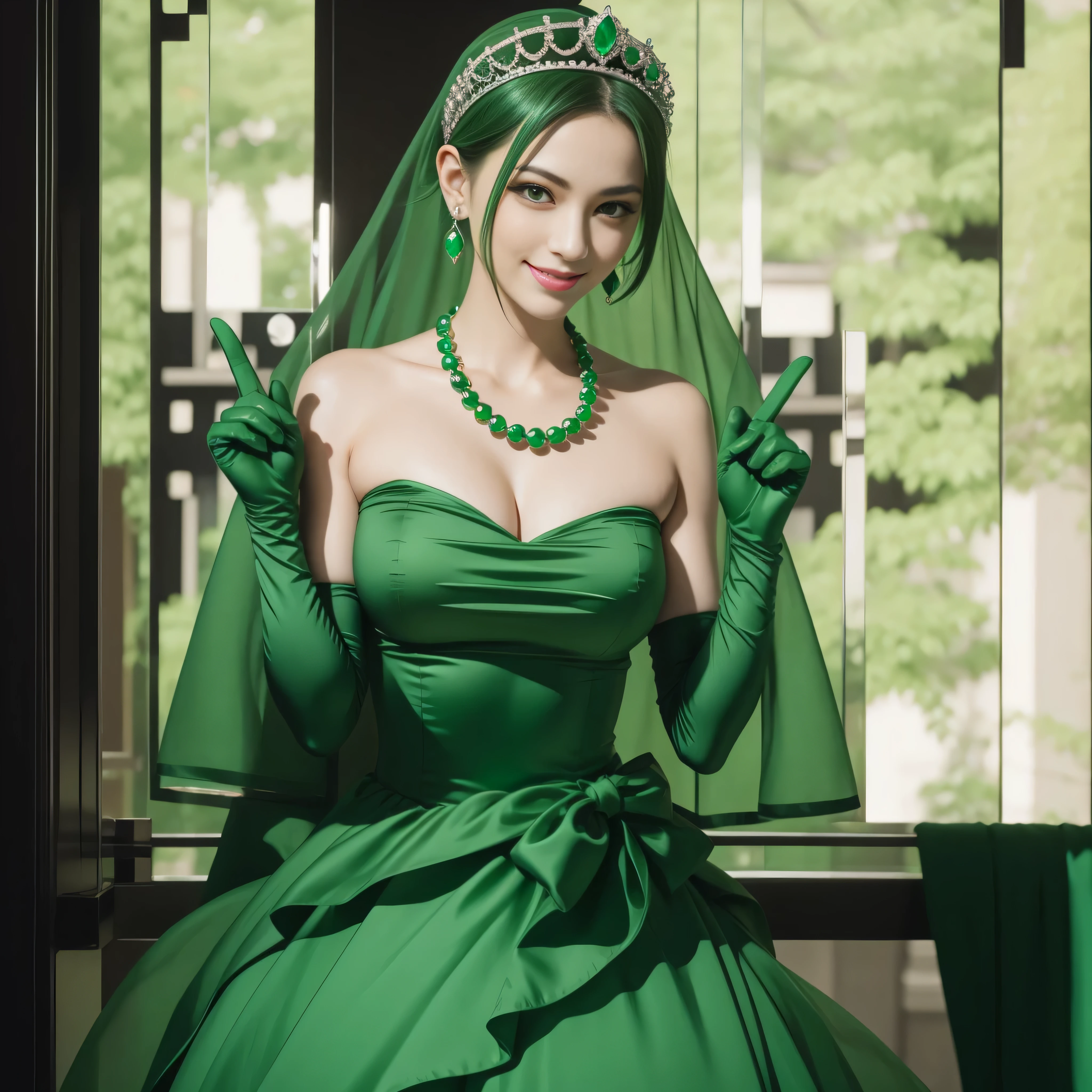 emerald tiara, Green Pearl Necklace, Boyish very short green hair, lipsticks, Japan woman smiling, very short short hair, big breasts beautiful, Green eyes, Long green gloves made of satin material, Green eyes, Emerald Earrings, green vale, v sign