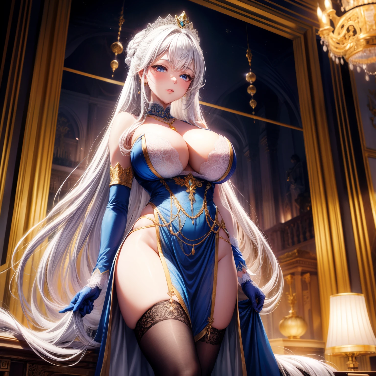 Ultra-detailed 8K CG, hyper realisitc, tmasterpiece, spotlight lights, royal paLace, 电影灯光, cinematicbloom, professional photoshooting, Ridiculously long hair, Very long hair, White hair, divine goddess, humongous large breast, Stick it out, A queen, Beutiful women, Lace, Lace trim, Lace-trimmed legwear, Raised your legs, Wear gloves on elbows, pearl neckLace, soybean, jewely, Shiny, twinkle, diamond, looking at viewert, Serious, formal, epic, Large curtains, Indoors